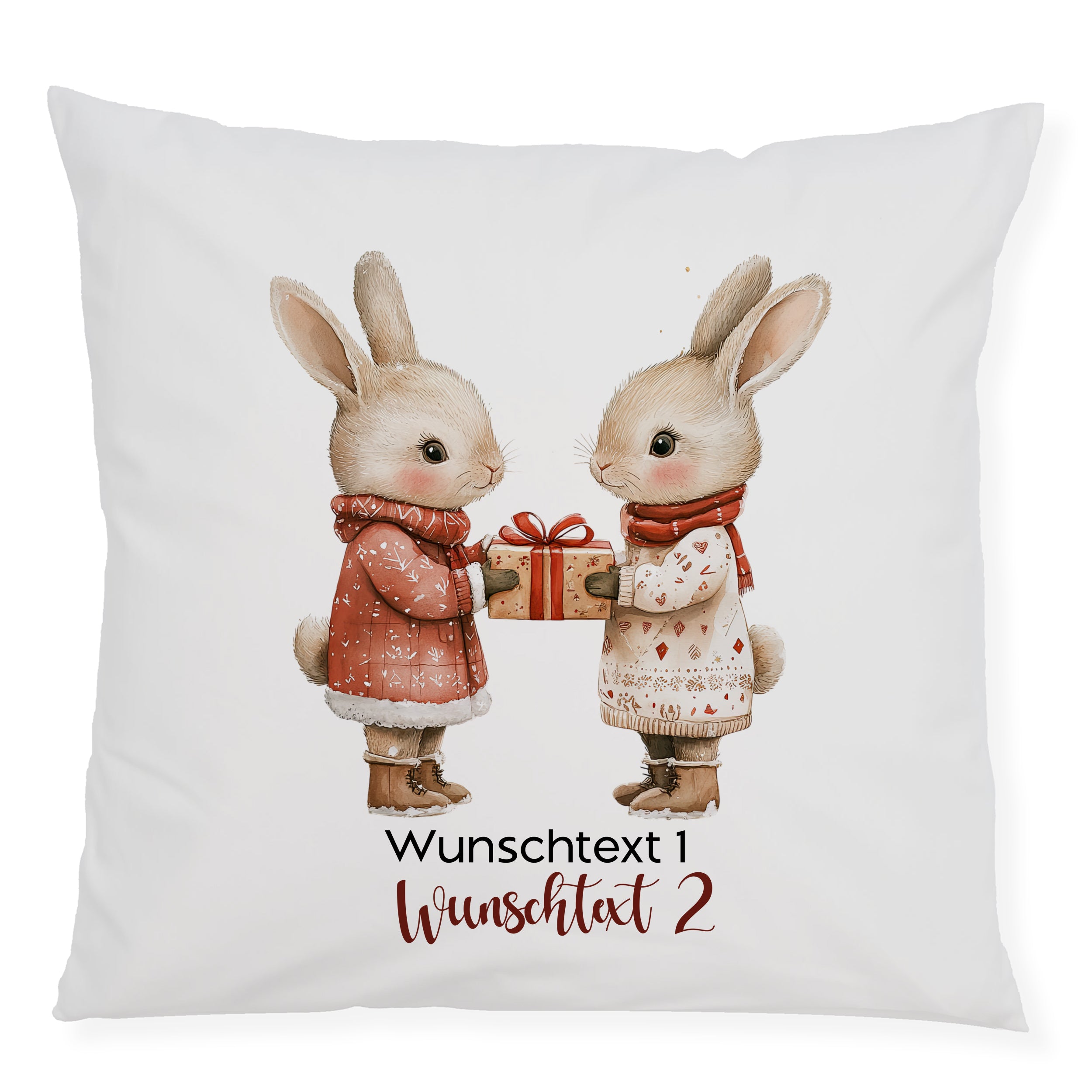 Kissen mit zwei niedlichen Hasen und personalisierbarem Text.