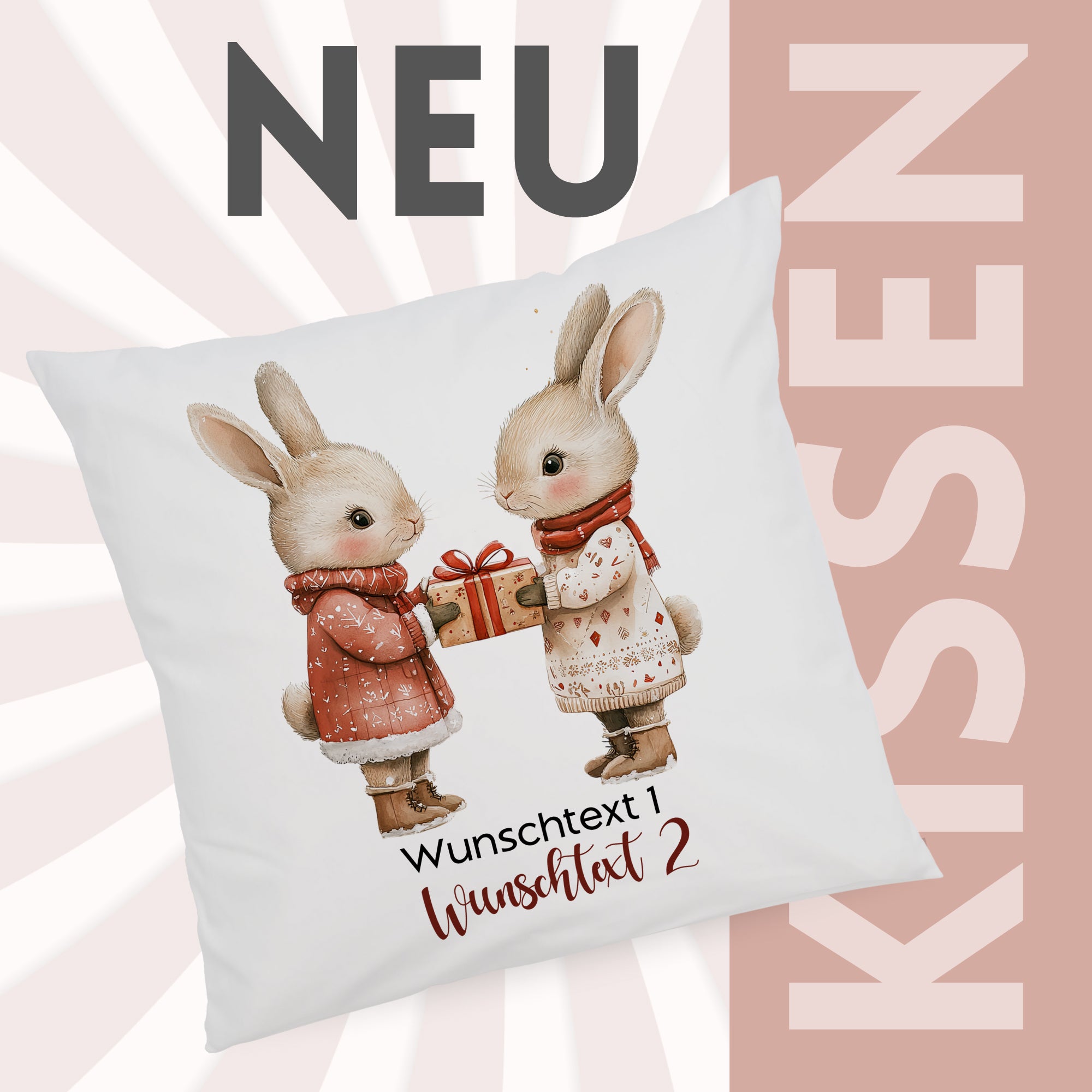 Kissen mit zwei niedlichen Hasen und Geschenk, pastellfarben.