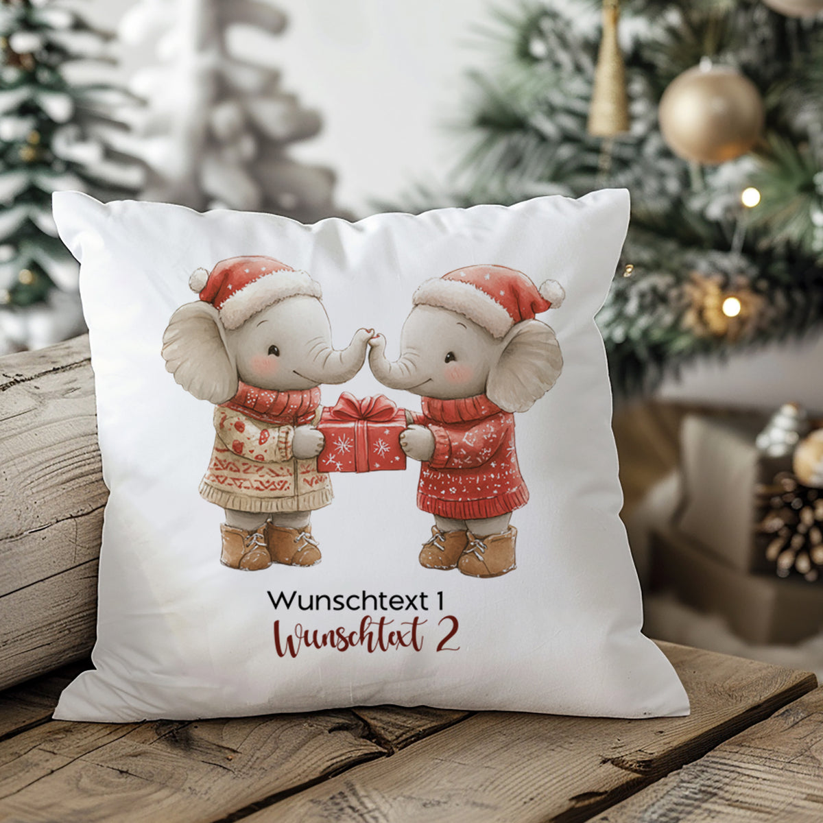 Kissen mit zwei Elefanten, rot-weiße Weihnachtsmützen, Geschenk.