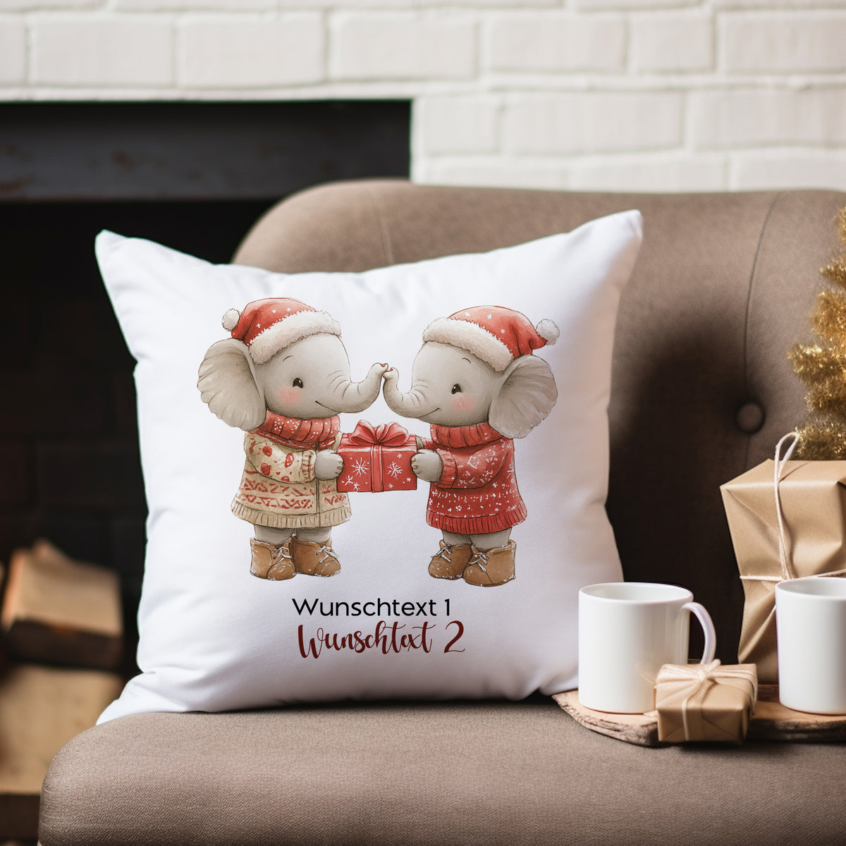 Kissen mit zwei Elefanten, Weihnachten, rotes Geschenk, personalisierbar.
