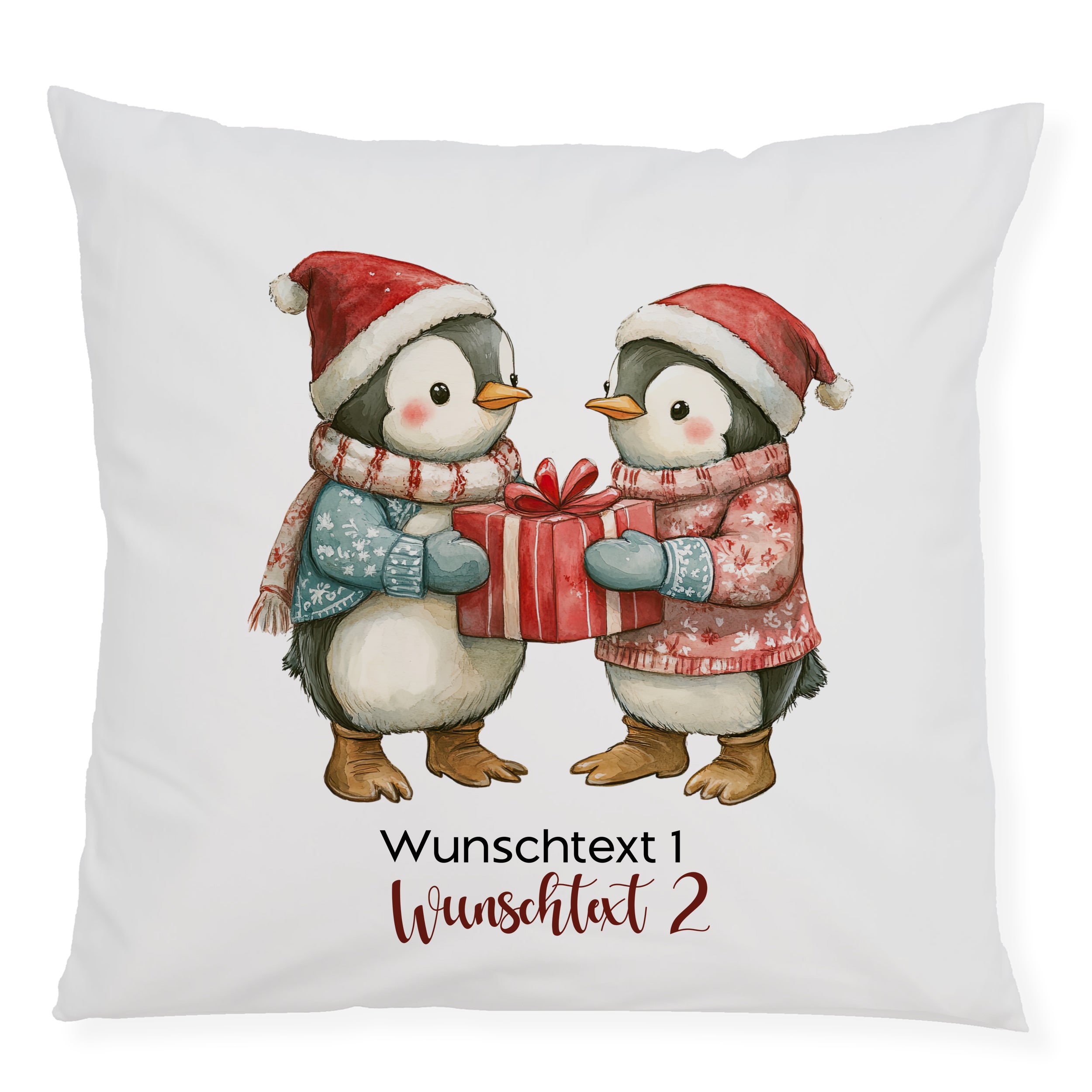 Zwei Pinguine mit Geschenk auf Kissen, rot und blau.