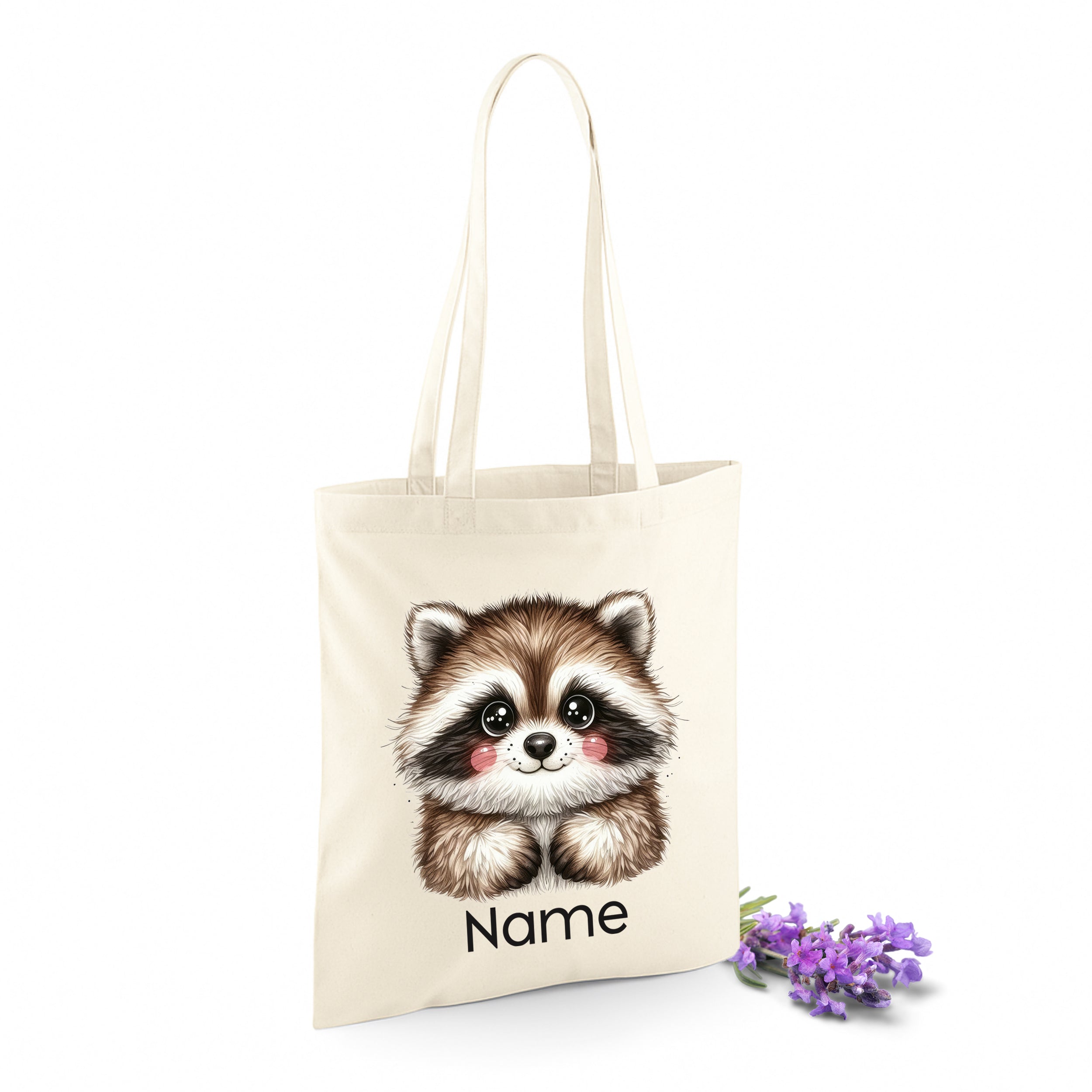 Beige Tasche mit niedlichem Waschbären-Motiv und Platz für Namen.