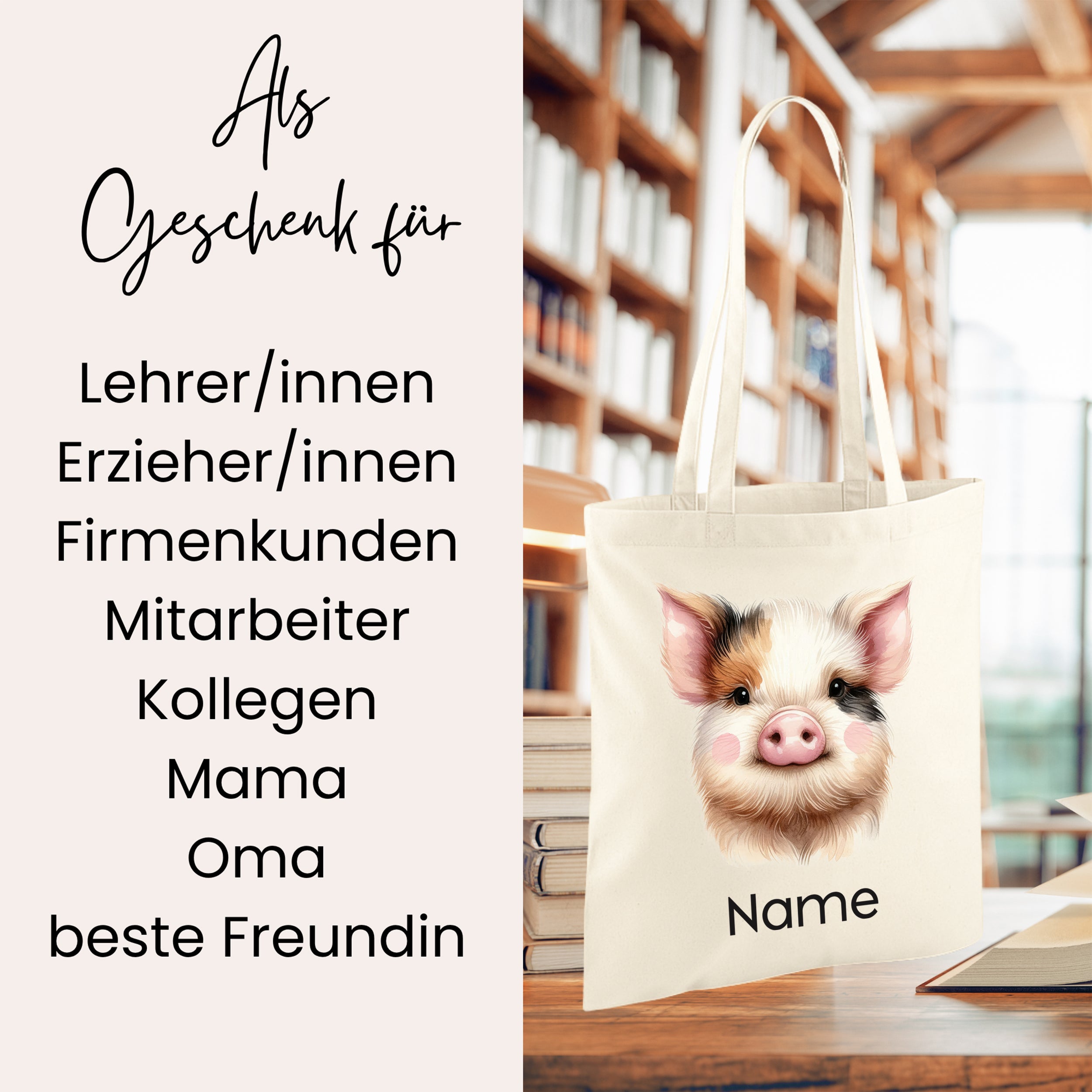 Beige Tasche mit Schwein-Motiv und personalisierbarem Namen.