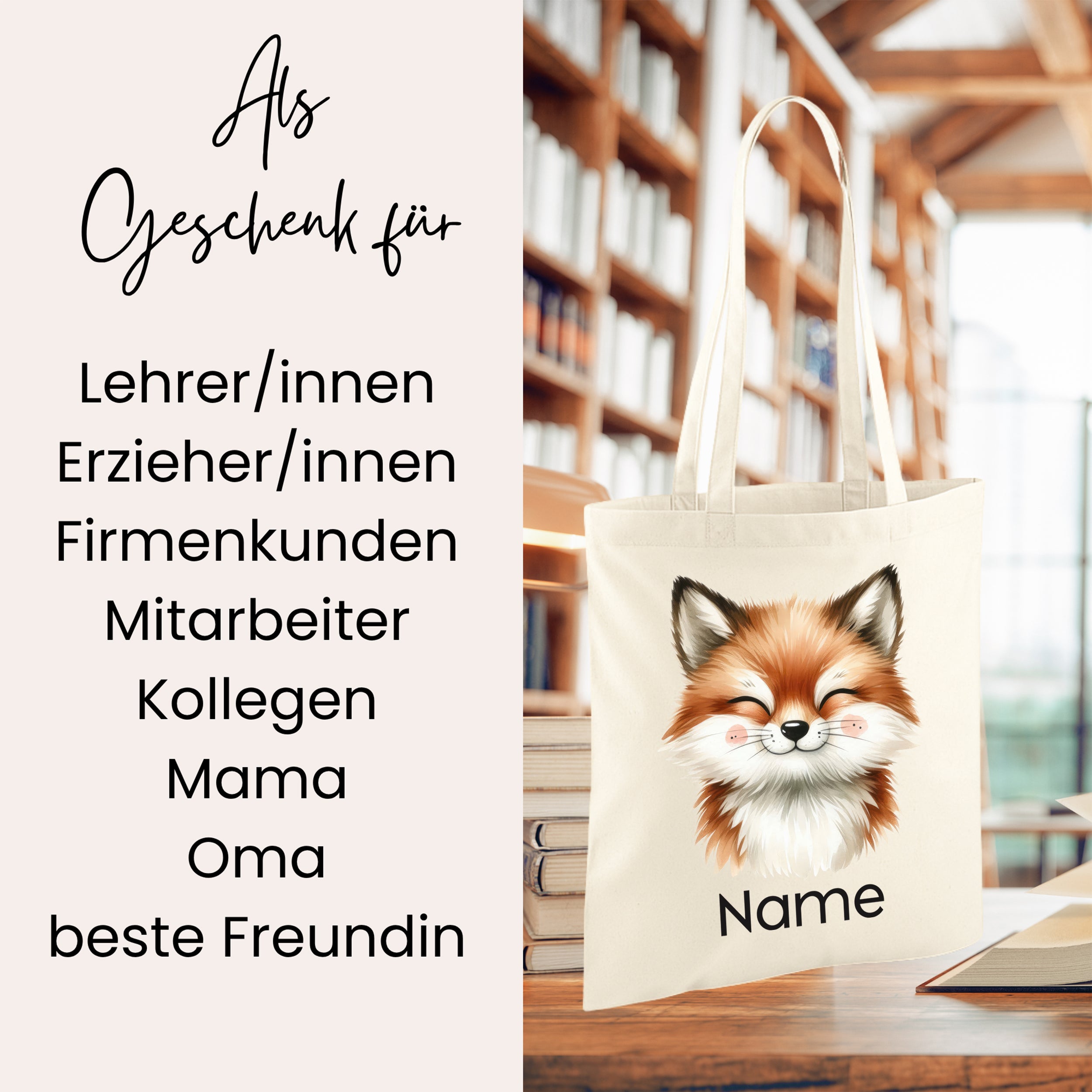 Beige Stofftasche mit Fuchs-Motiv und personalisierbarem Namen.