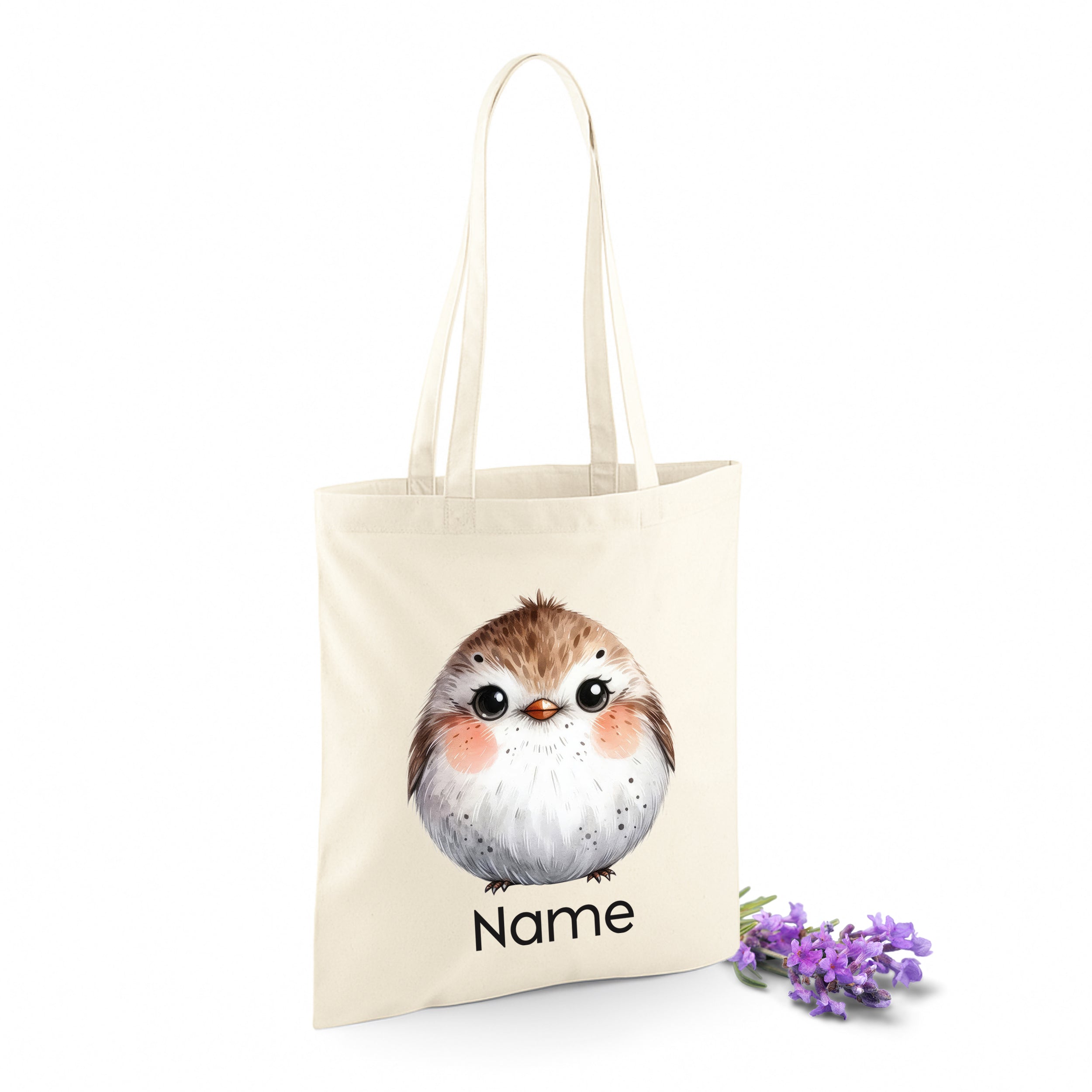 Beige Stofftasche mit niedlichem Vogelmotiv und Platz für Namen.