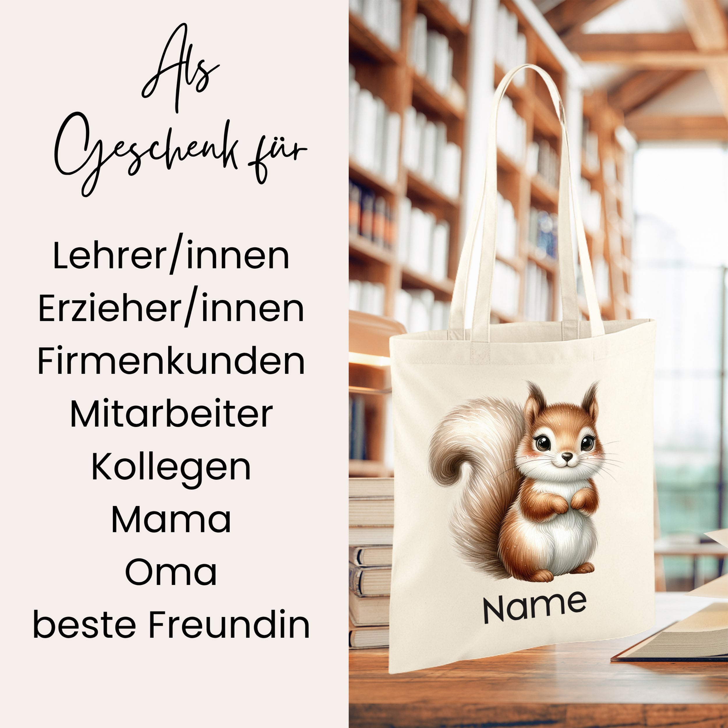 Beige Tragetasche mit niedlichem Eichhörnchen-Motiv.