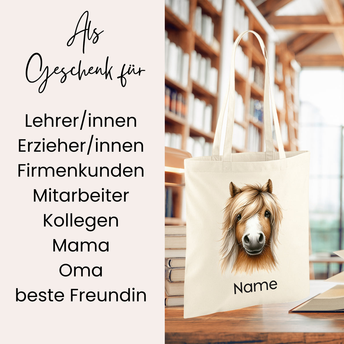 Beige Tragetasche mit Pferdemotiv und personalisierbarem Namen.