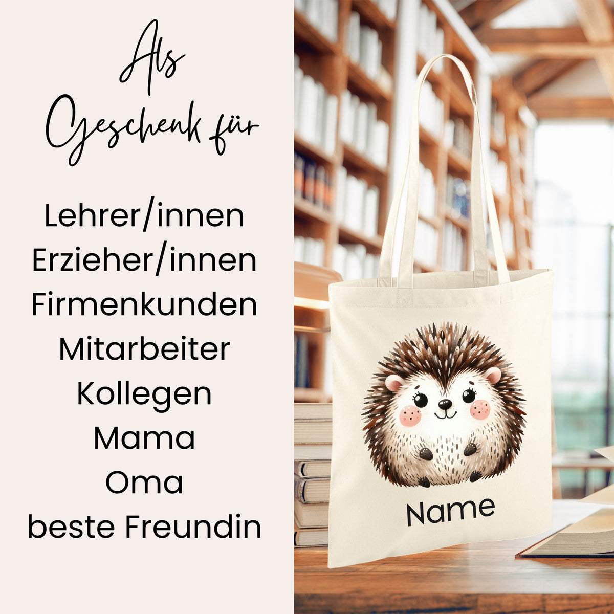 Beige Stofftasche mit Igel-Motiv und personalisierbarem Namen.