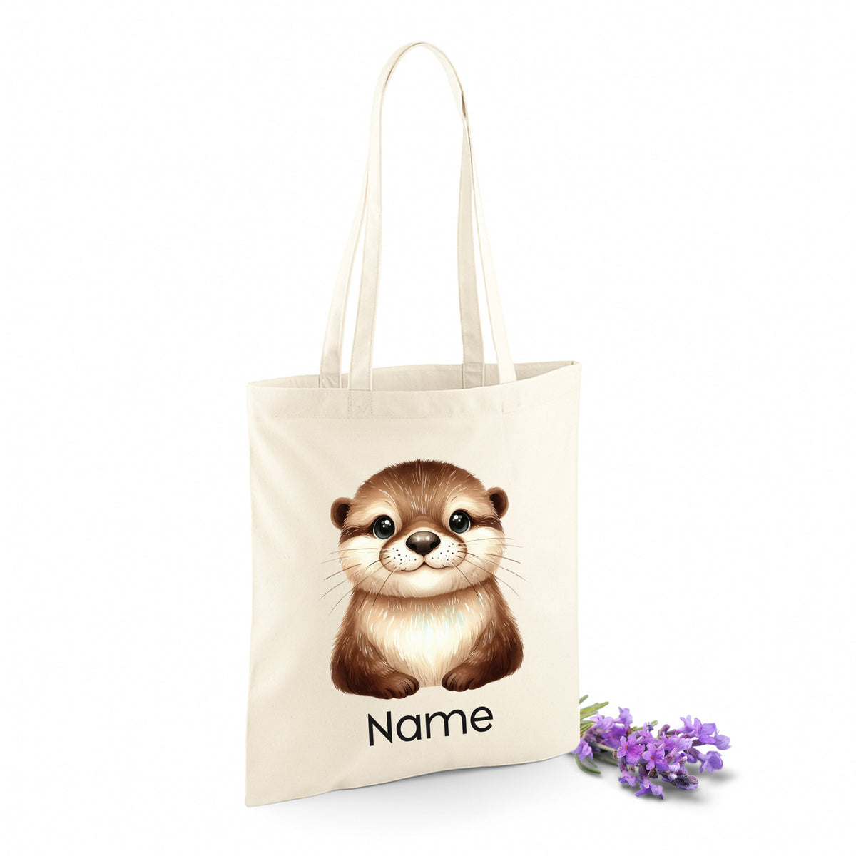 Beige Stofftasche mit niedlichem Otter-Motiv und Platz für Namen.