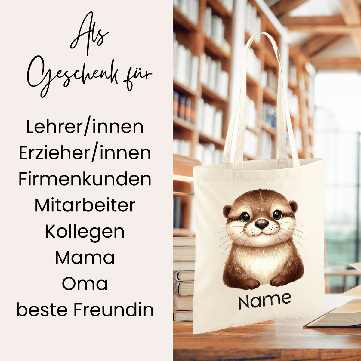Beige Tasche mit Otter-Motiv und personalisierbarem Namen.