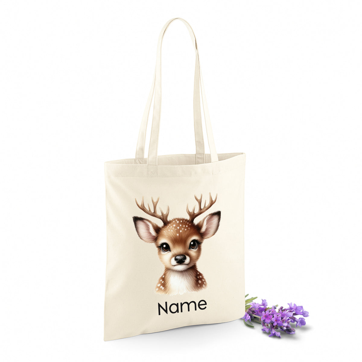 Beige Stofftasche mit Rehkitz und personalisierbarem Namen.