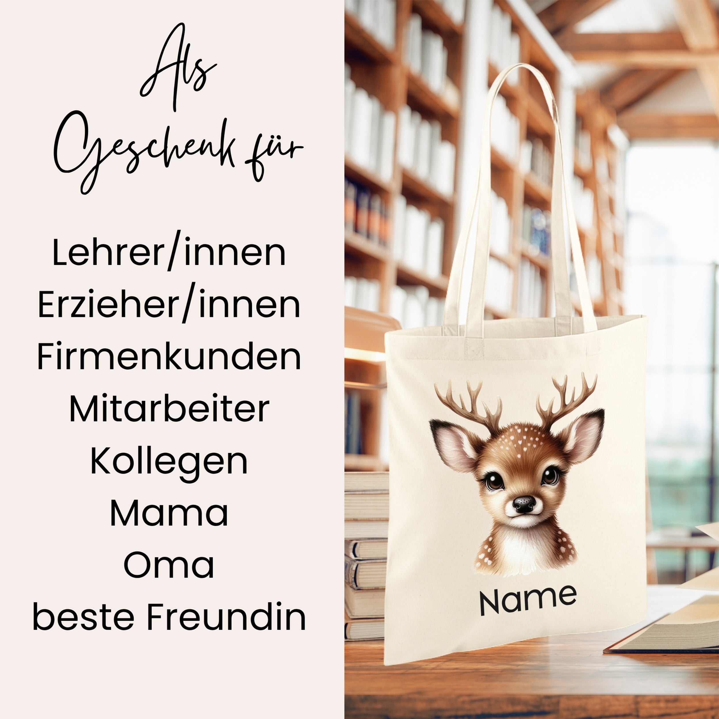 Beige Tragetasche mit niedlichem Reh-Motiv und personalisierbarem Namen.