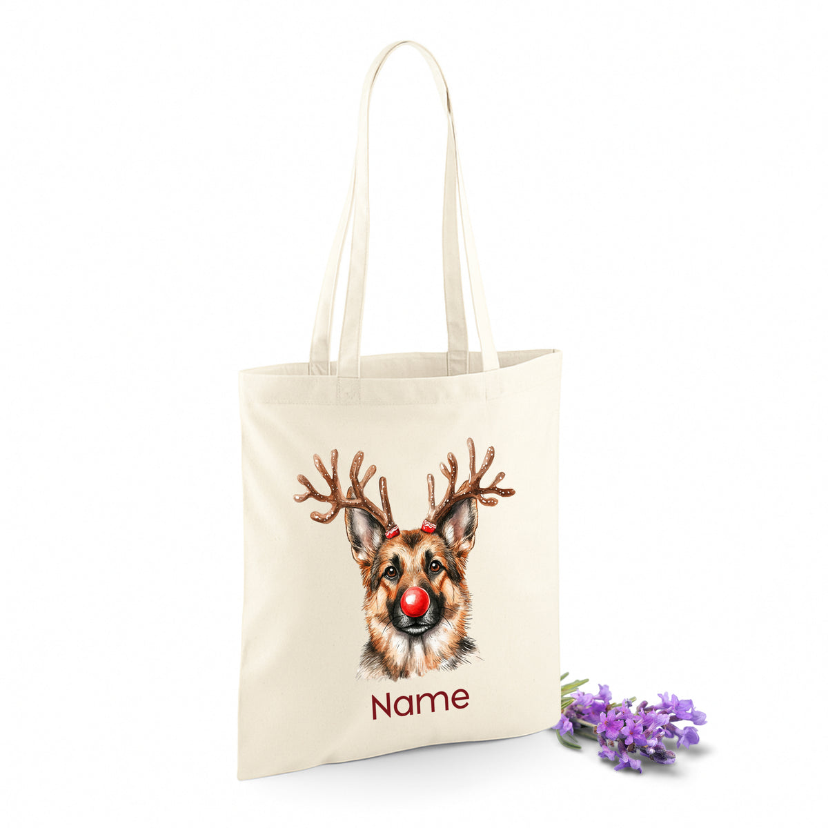 Beige Tasche mit Hund, Weihnachtsmütze und personalisiertem Namen.