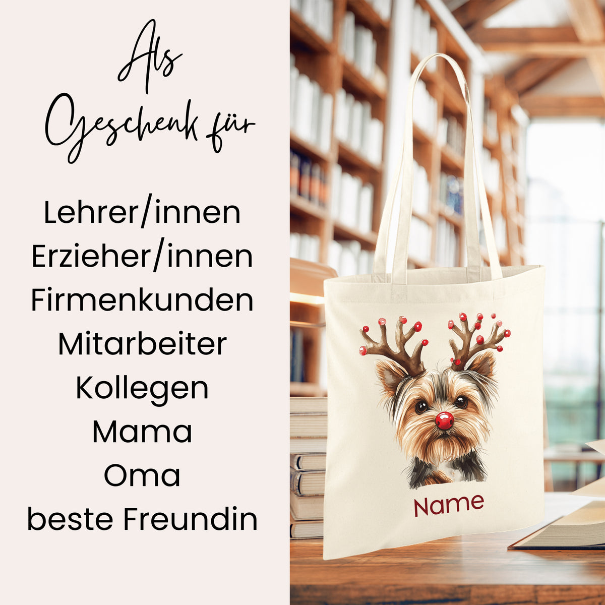 Beige Tragetasche mit Hundemotiv und Weihnachtsdeko.