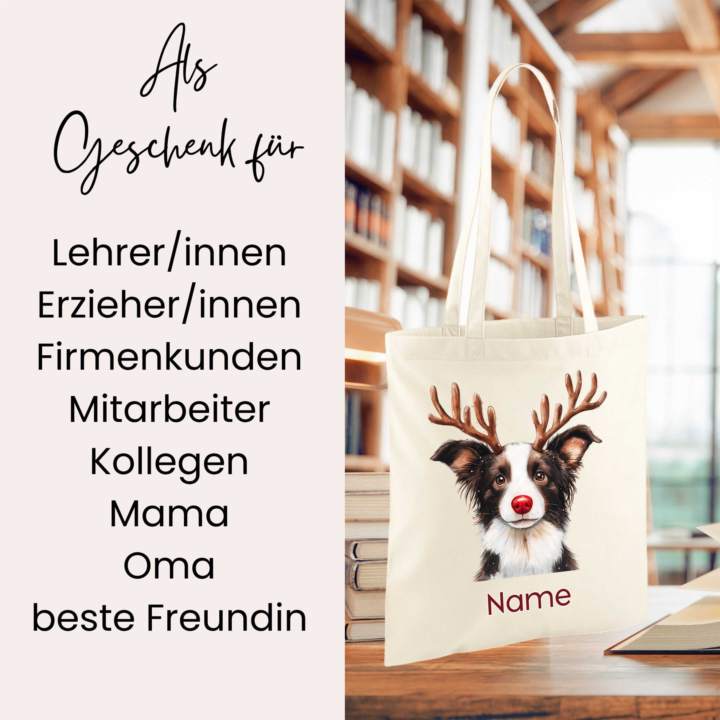 Beige Tasche mit Hundedesign und personalisierbarem Namen.
