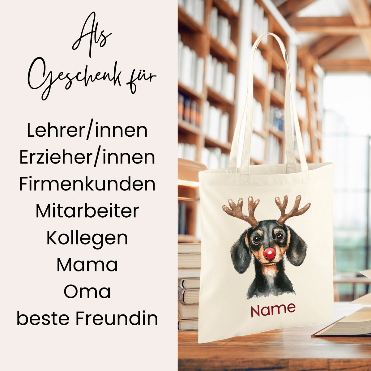 Beige Stofftasche mit Hundemotiv und personalisierbarem Namen.