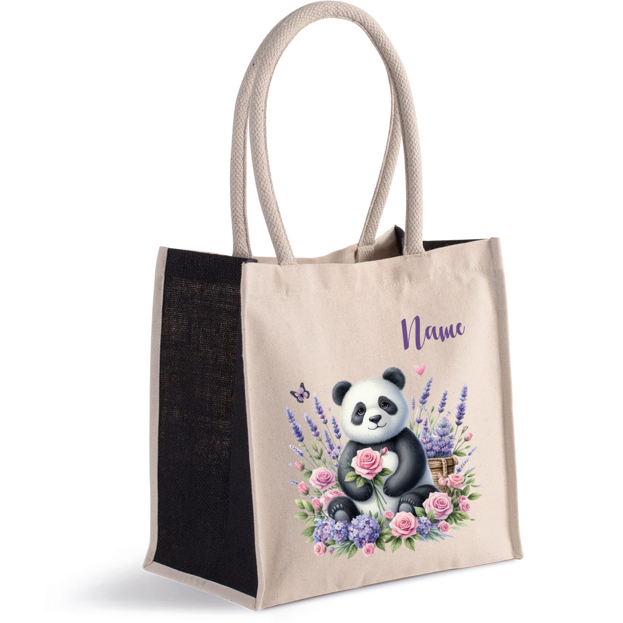 Beige Tasche mit Panda-Motiv und Blumenverzierung.