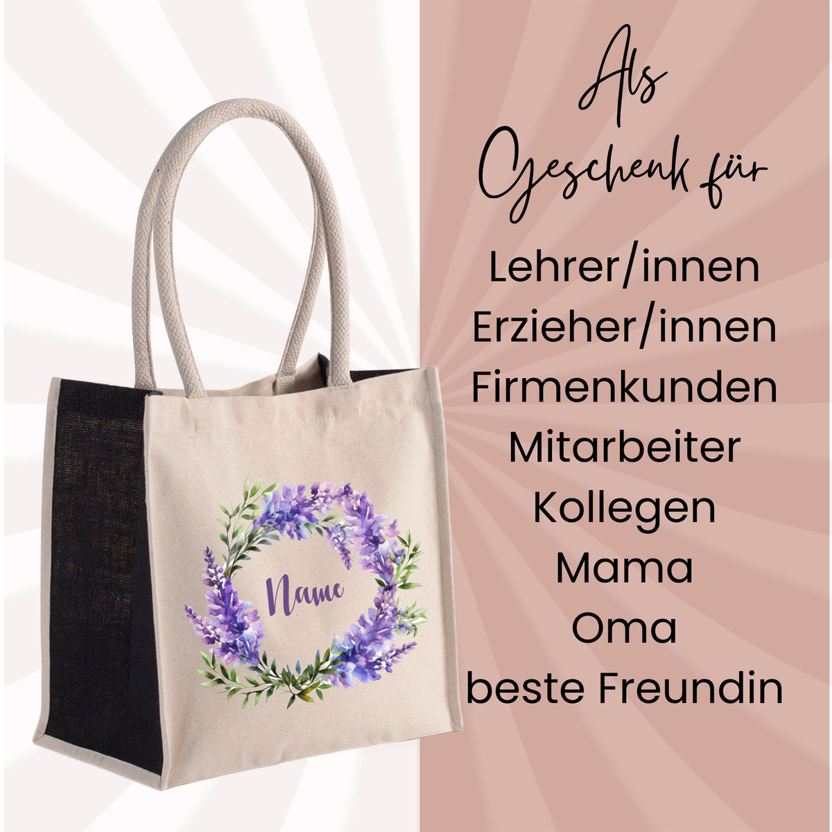 Beige Tragetasche mit lila Blumenkranz und personalisierbarem Namen.