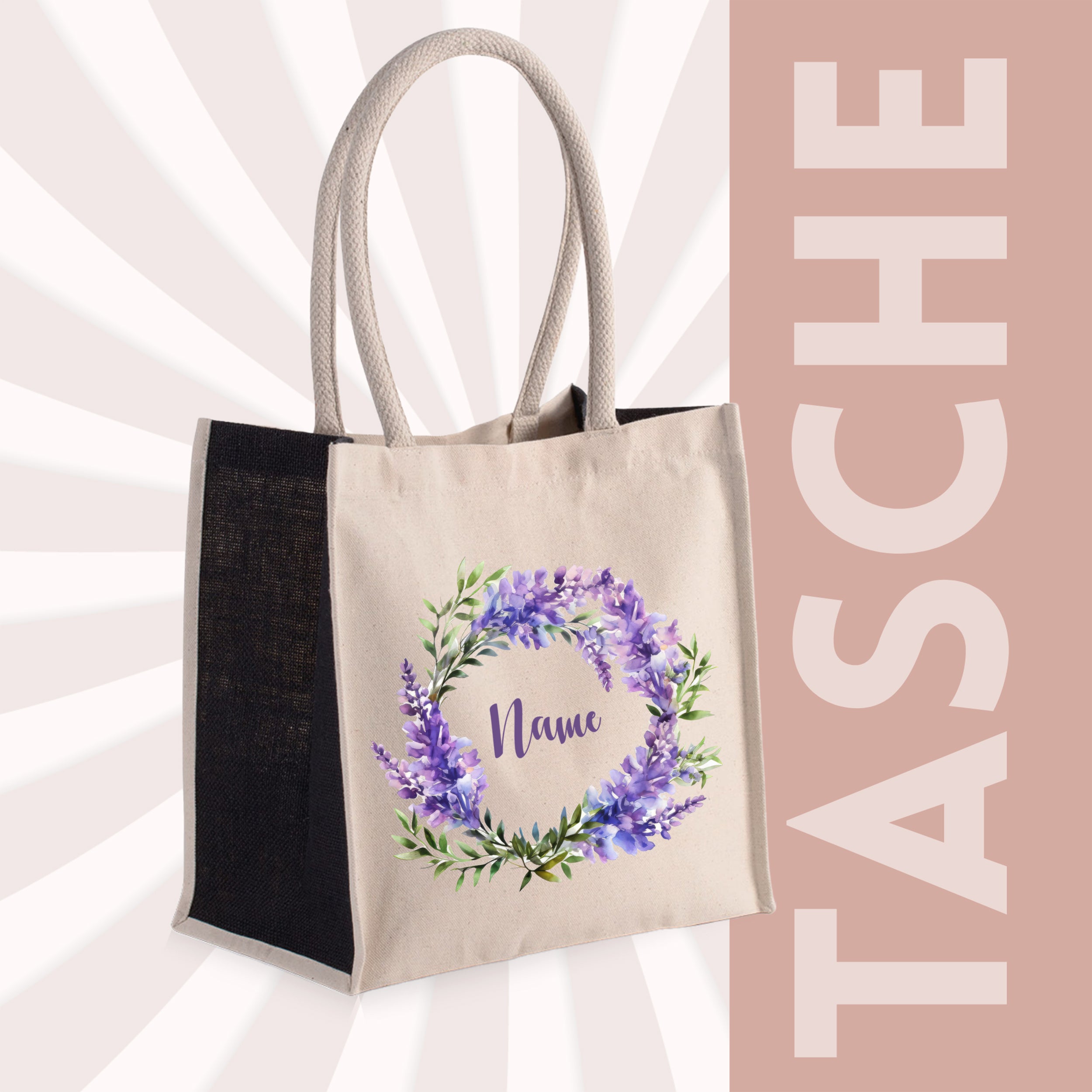 Beige Tasche mit lila Blumenkranz und personalisierbarem Namen.
