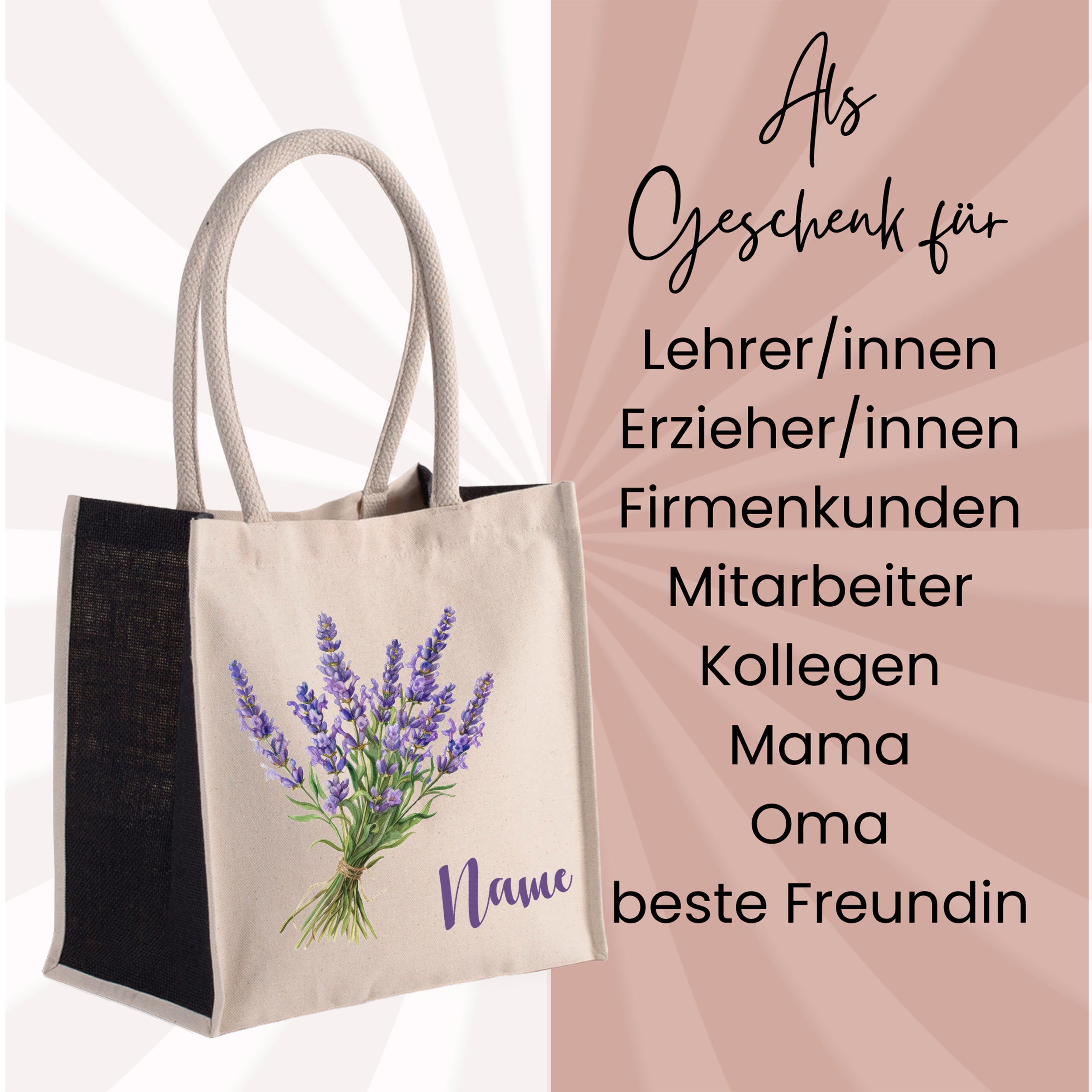 Beige Tasche mit Lavendel-Motiv und personalisierbarem Namen.