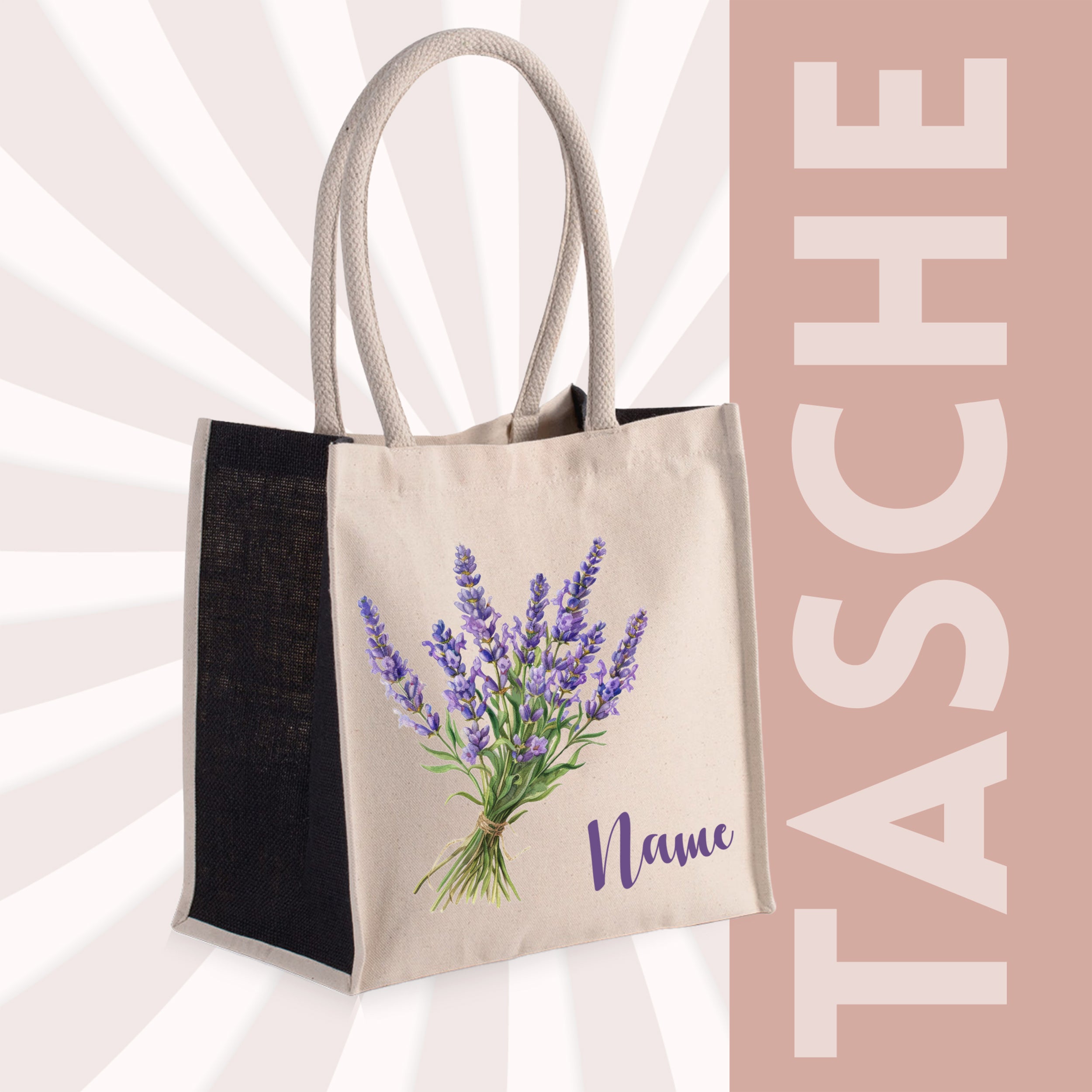 Beige Tasche mit lila Lavendel und personalisierbarem Namen.