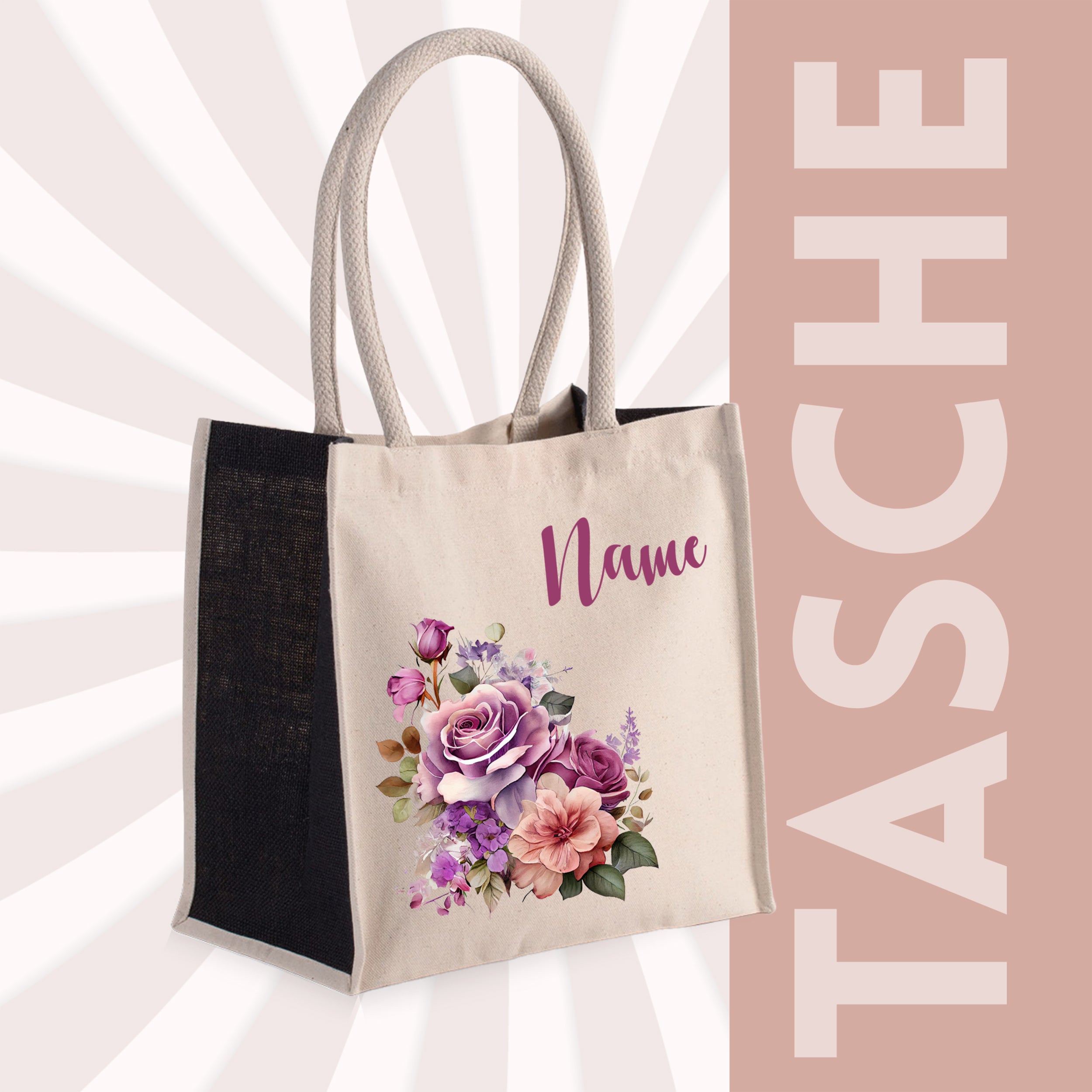Beige Tasche mit Blumenmotiv und personalisiertem Namen.