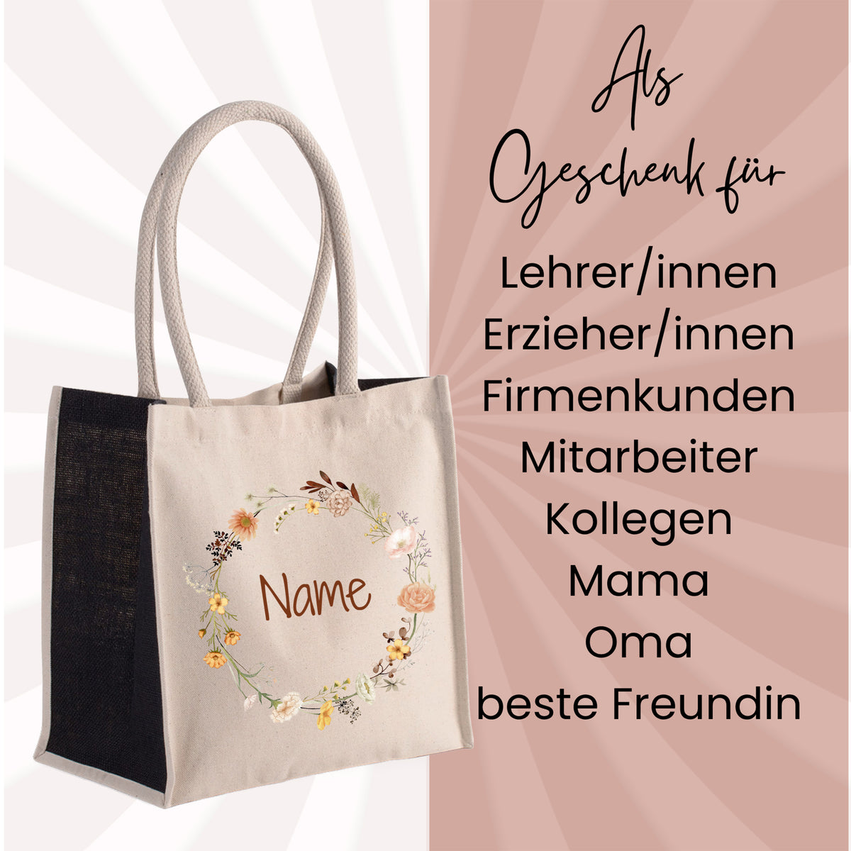 Beige Tragetasche mit floralem Design und personalisierbarem Namen.