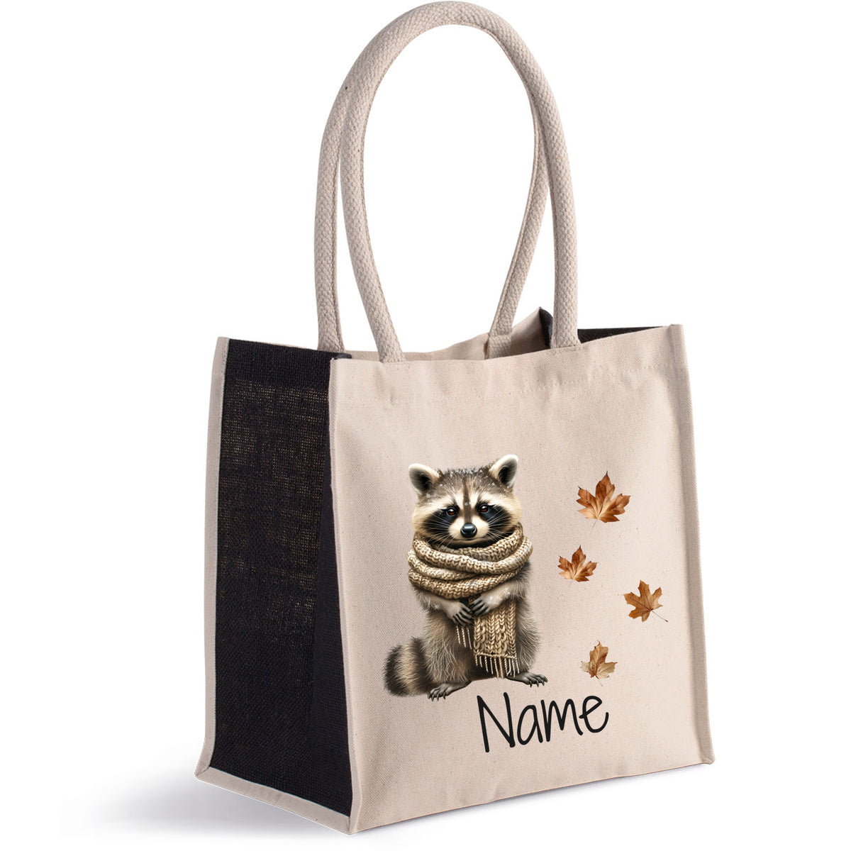 Beige Tasche mit Waschbär-Motiv und personalisierbarem Namen.