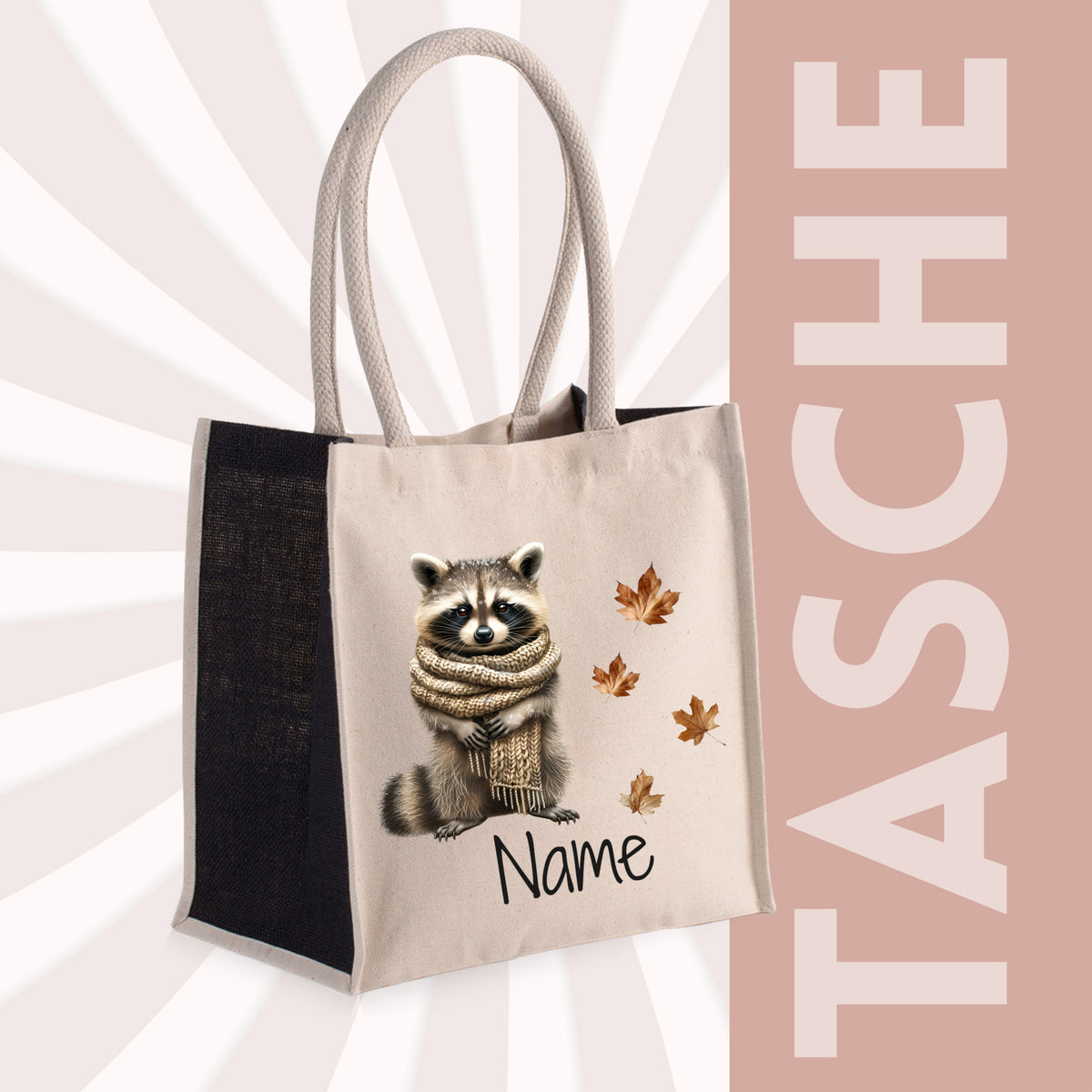 Beige Tasche mit Waschbär-Motiv und personalisierbarem Namen.