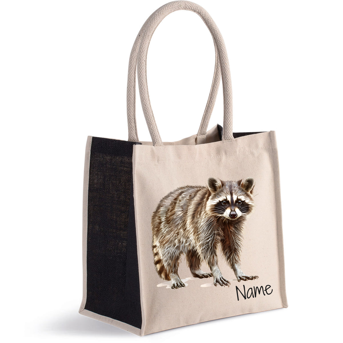Beige Tasche mit Waschbär-Motiv und personalisierbarem Namen.
