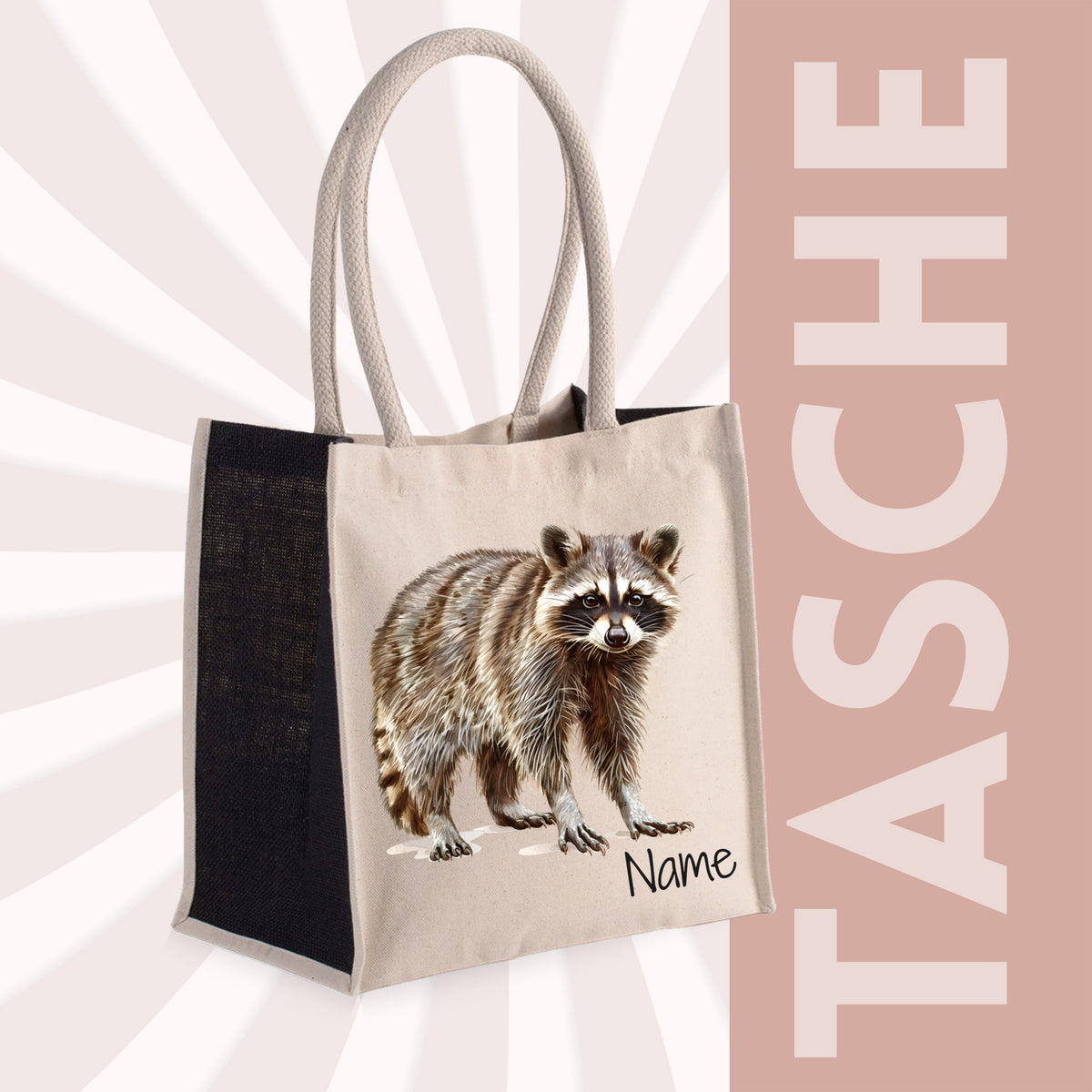 Beige Tasche mit Waschbär-Illustration und Namen.