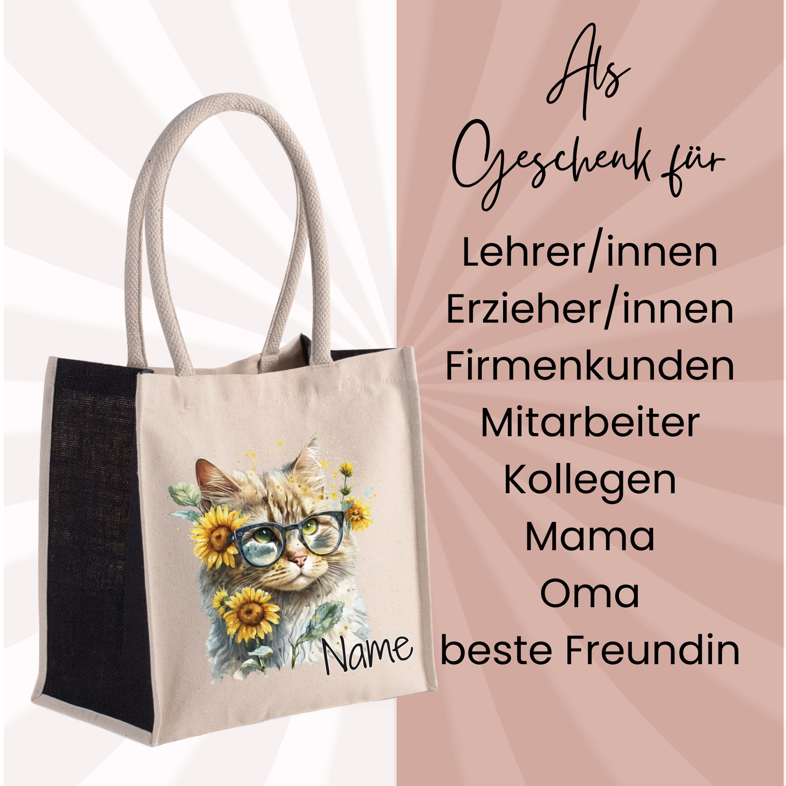 Beige Tasche mit Katzenmotiv und Sonnenblumen.