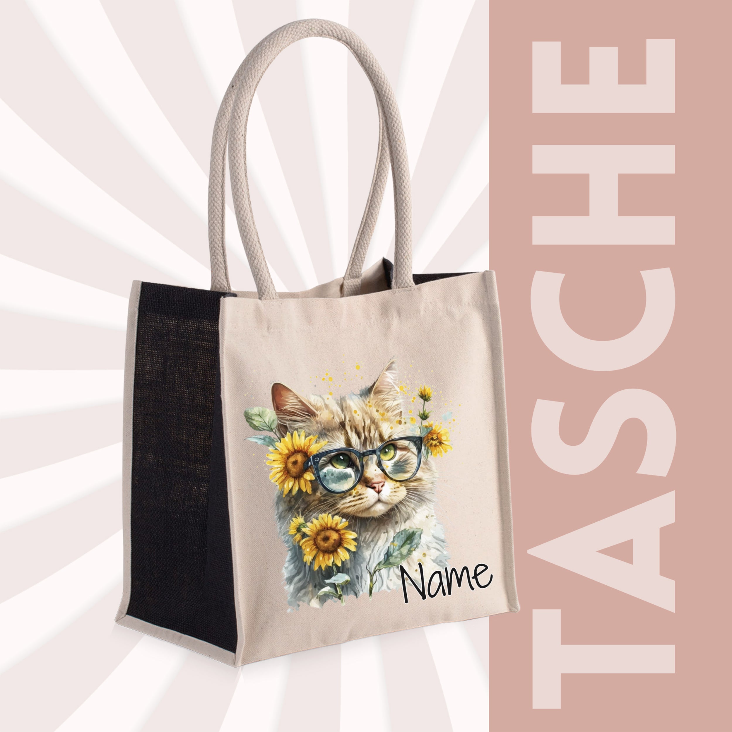 Beige Tasche mit Katzenmotiv und Sonnenblumen.