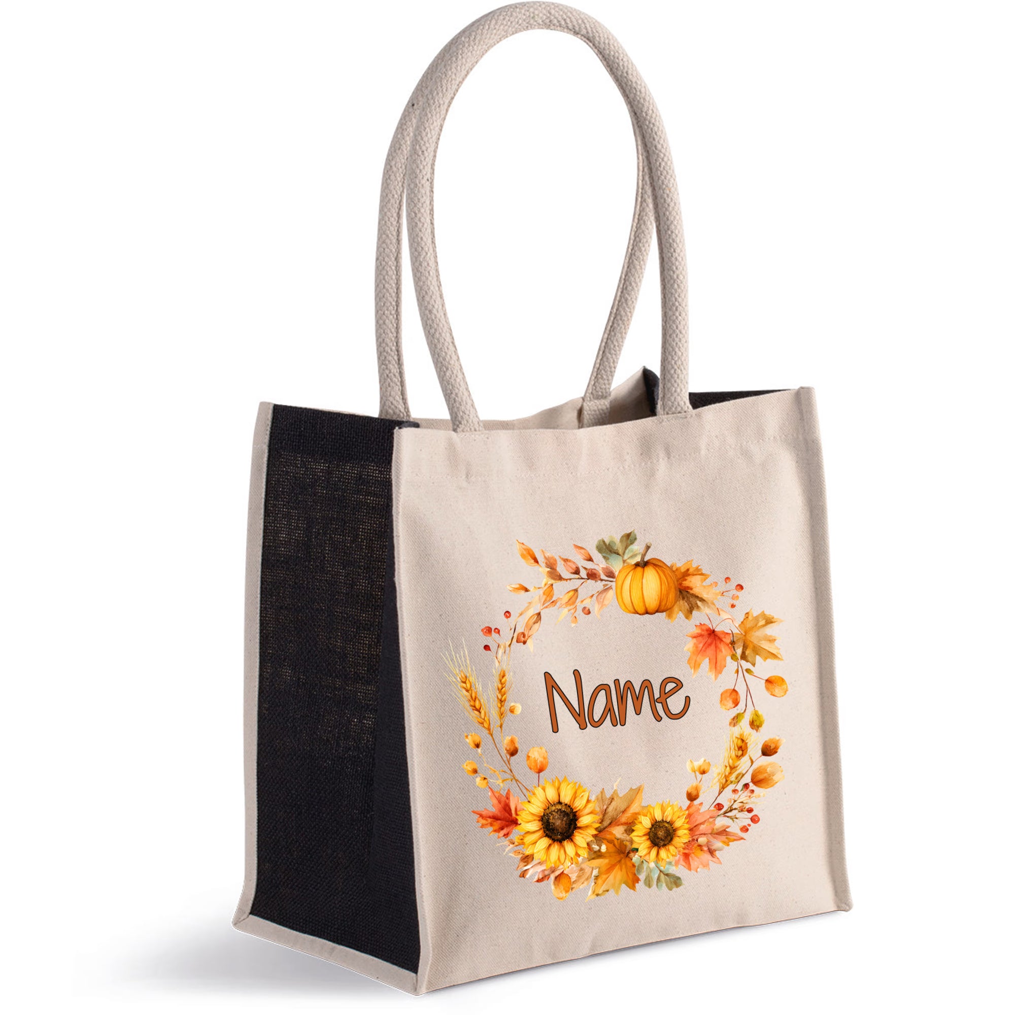 Beige Tragetasche mit herbstlichem Blumenkranz und personalisiertem Namen.