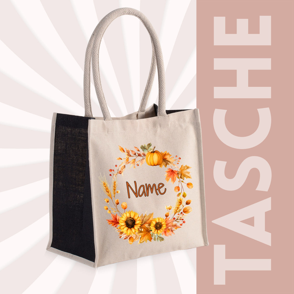 Beige Tasche mit Sonnenblumen und Kürbis, personalisierbar.