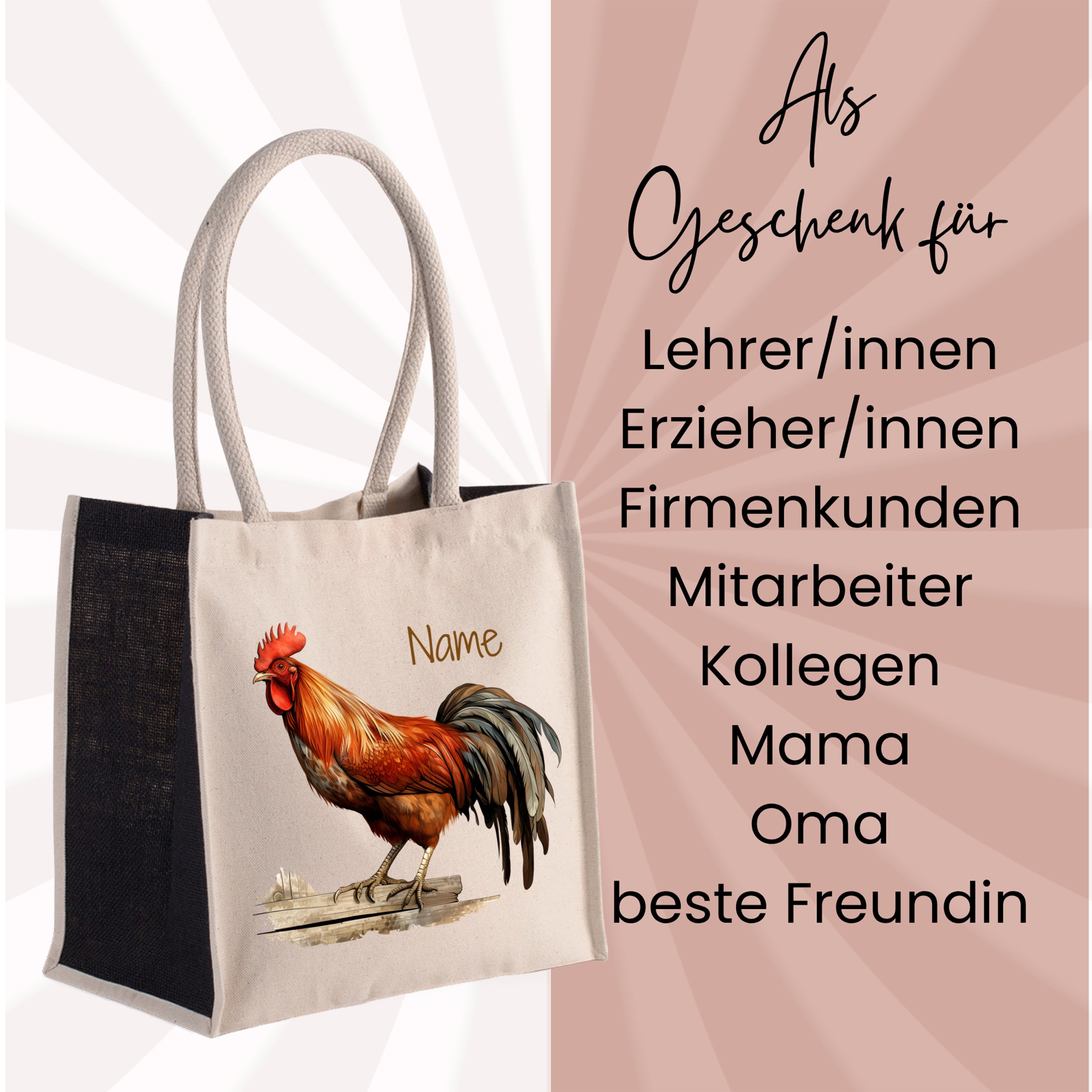Beige Tasche mit Huhn-Design, personalisierbar für Geschenke.