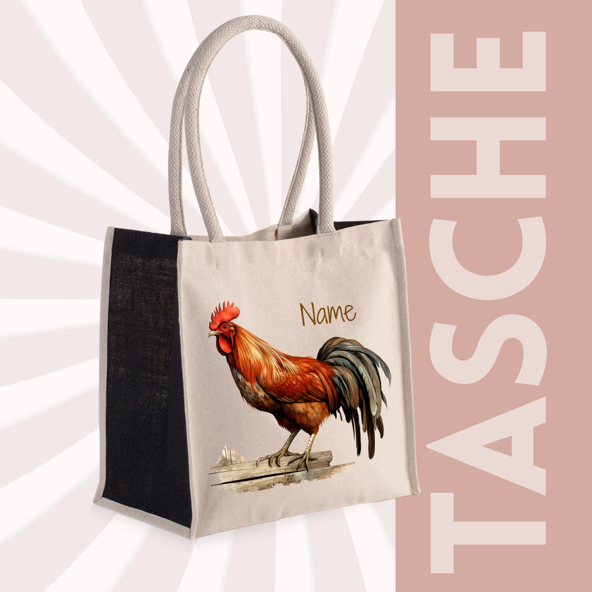 Beige Tasche mit Huhn-Motiv und personalisierbarem Namen.