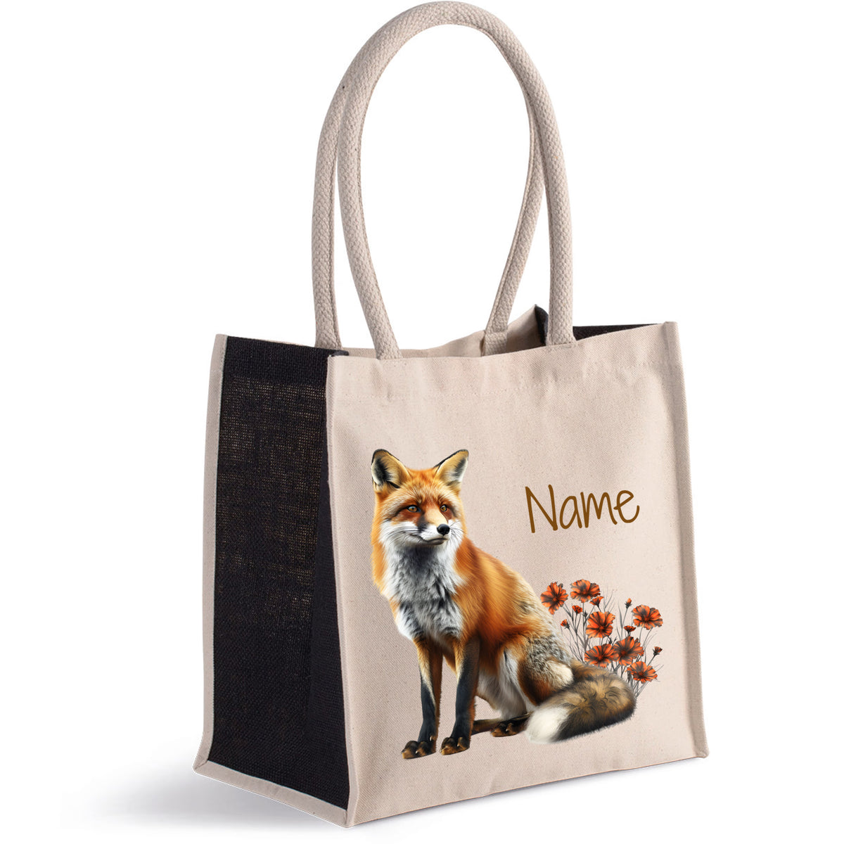 Stofftasche mit Fuchs-Motiv und Blumen, beige und schwarz.