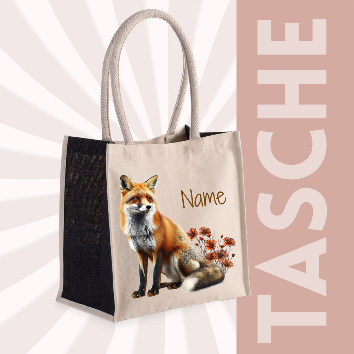 Beige Tasche mit Fuchs-Motiv und Blumen.