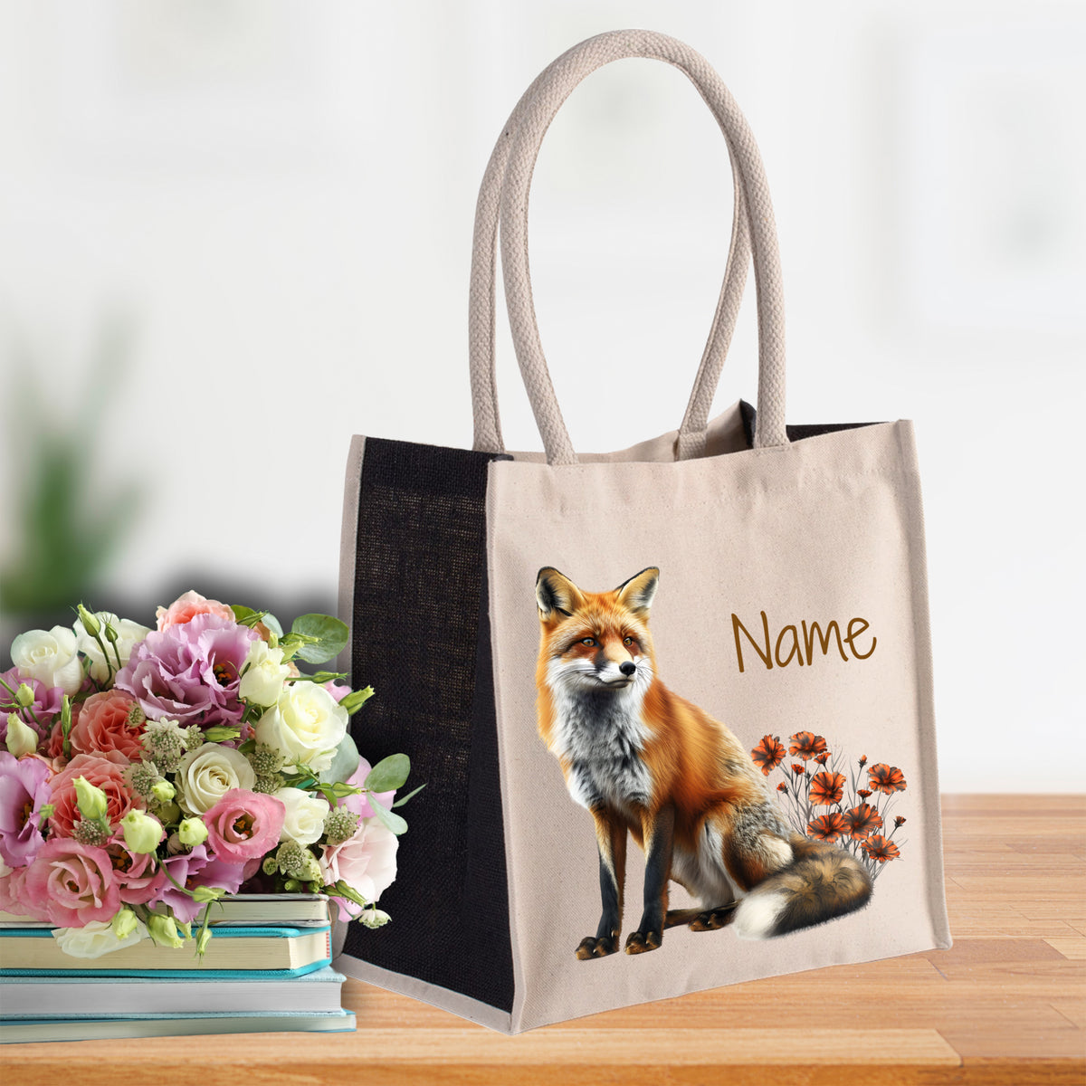 Beige Tasche mit Fuchs-Motiv und personalisiertem Namen.