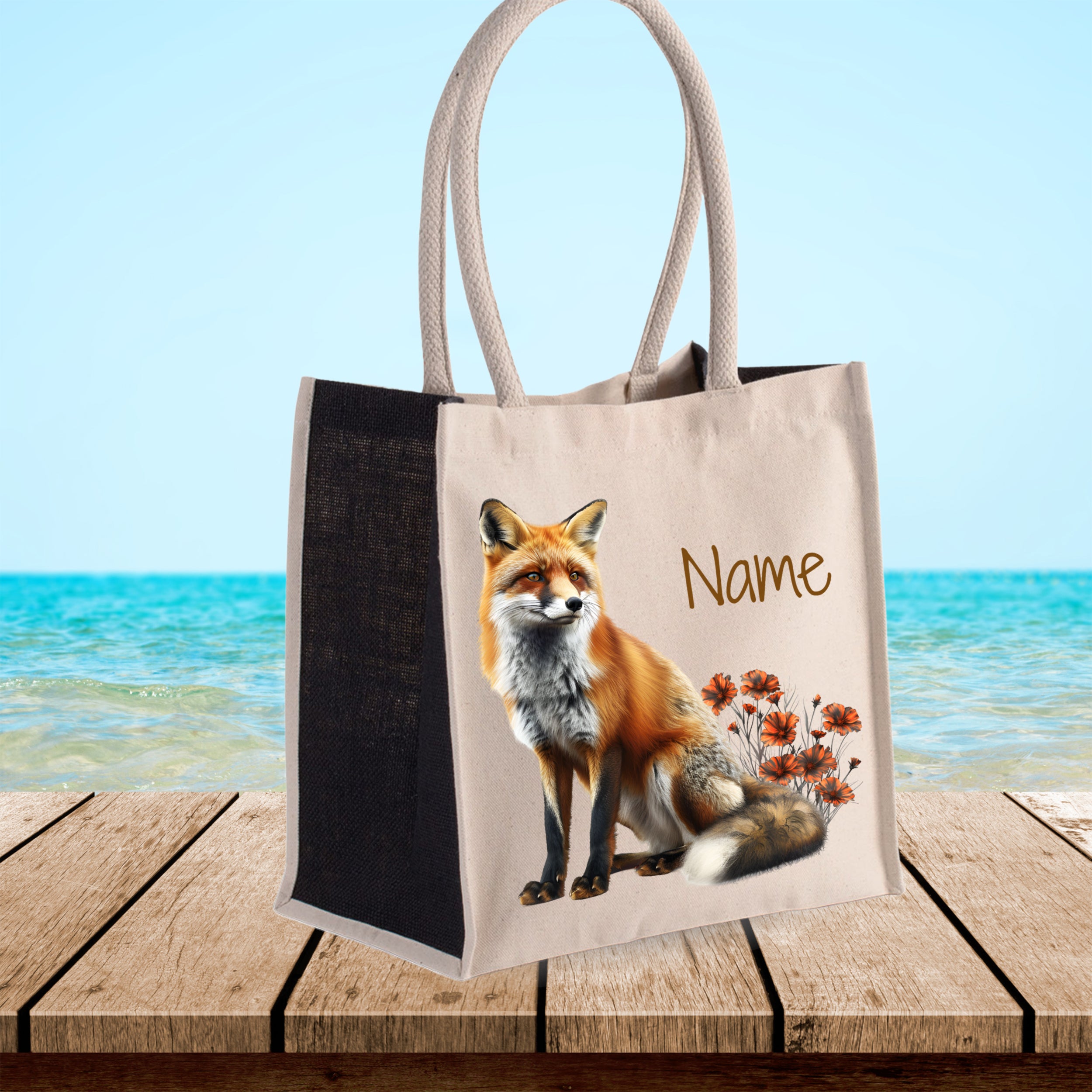 Beige Tasche mit Fuchs-Motiv und Blumen.