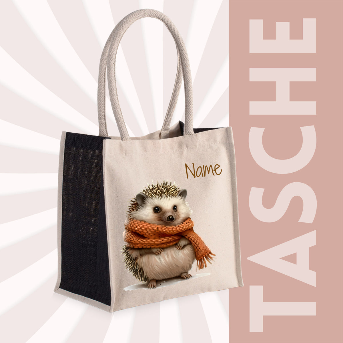 Beige Tasche mit Igel und orangefarbener Schal-Darstellung.