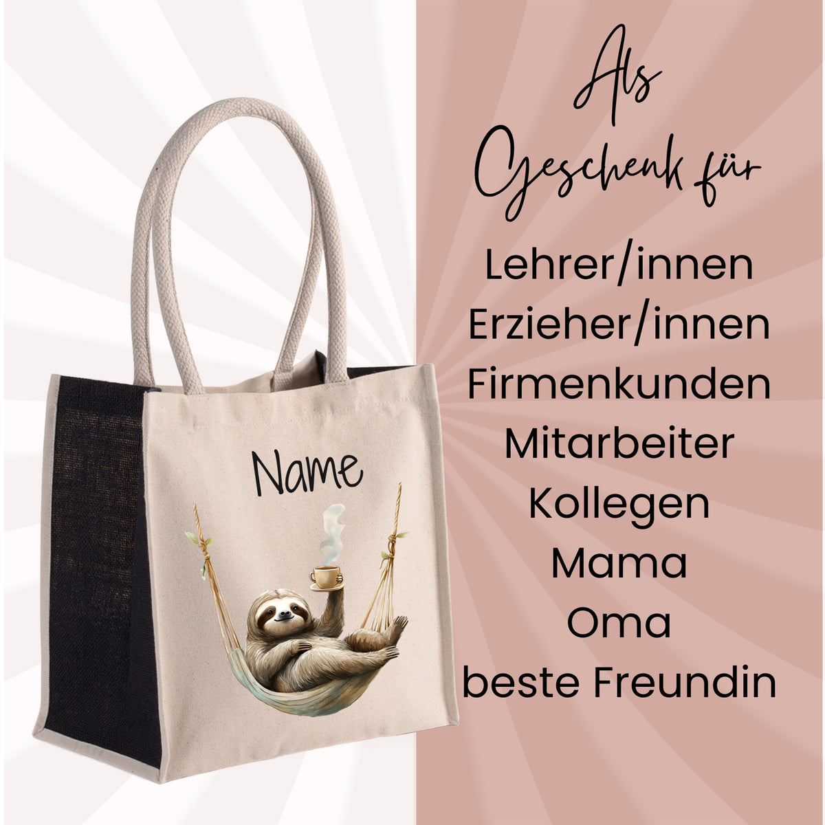 Beige Tragetasche mit Faultier-Motiv und personalisierbarem Namen.
