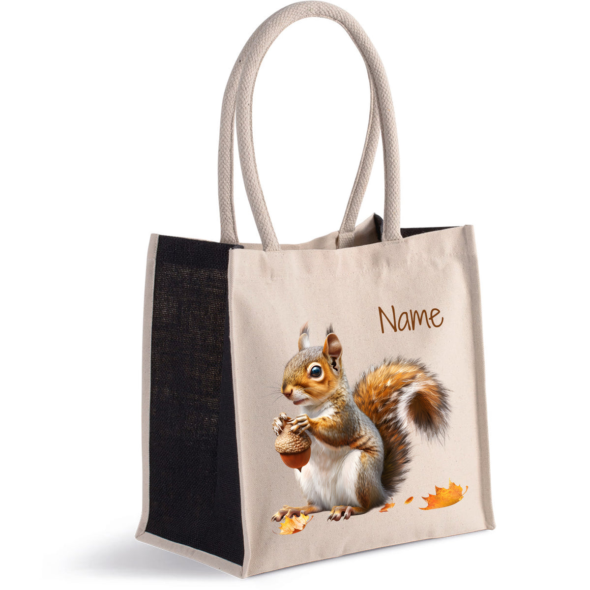 Beige Tasche mit Eichhörnchen-Motiv und personalisierbarem Namen.