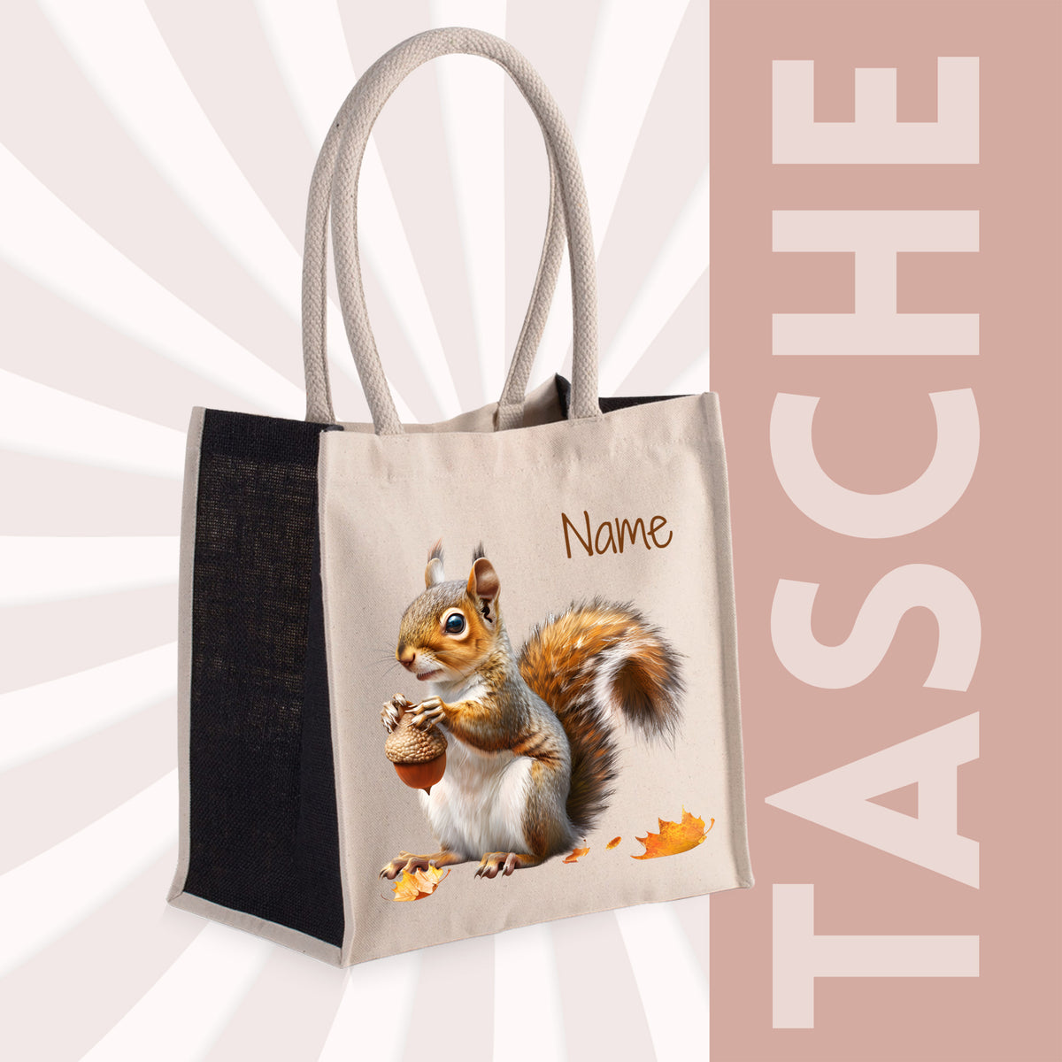 Beige Tasche mit Eichhörnchen-Motiv und personalisierbarem Namen.