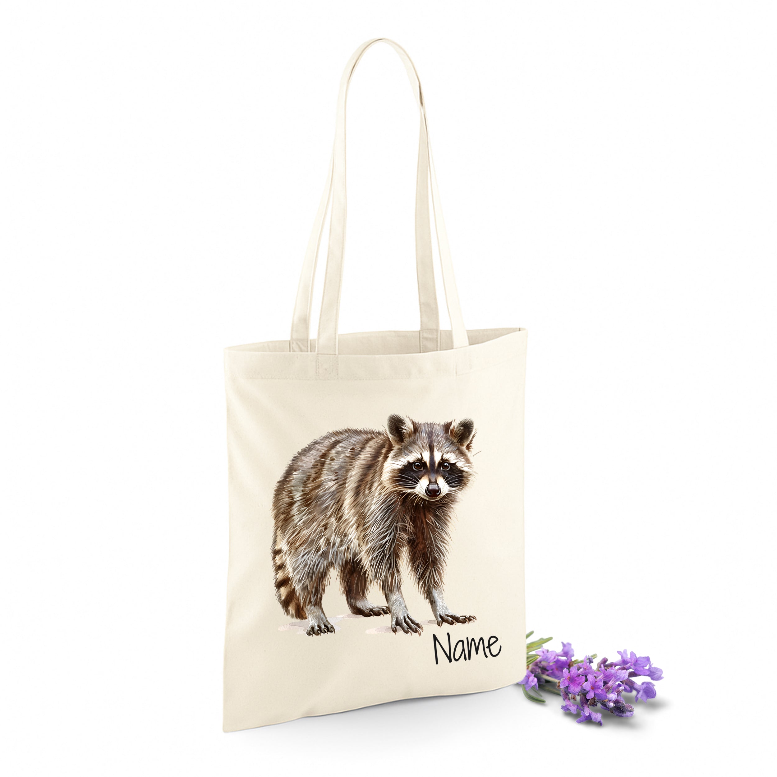 Beige Tragetasche mit Waschbär-Motiv und personalisierbarem Namen.