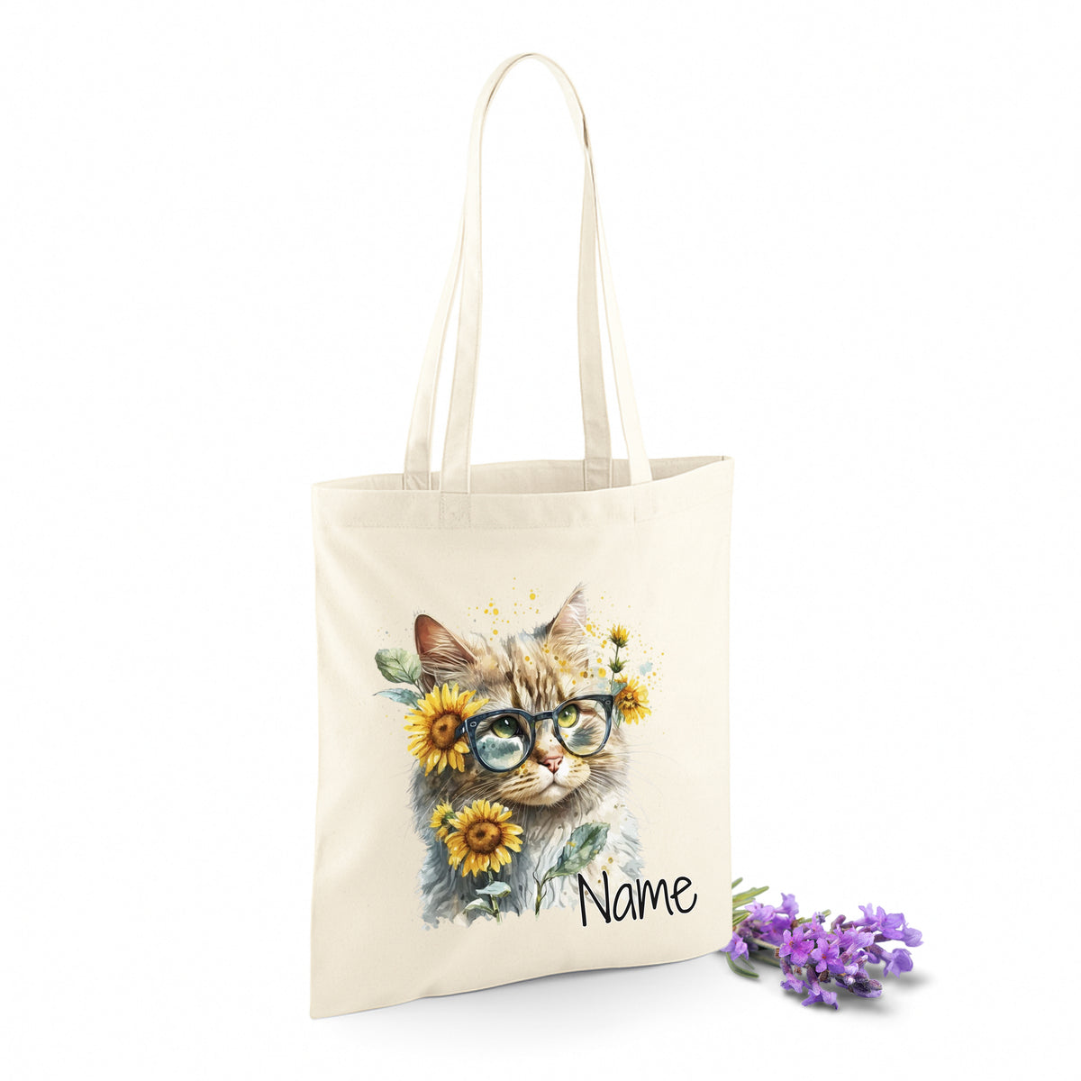 Beige Stofftasche mit Katzenmotiv und Sonnenblumen.