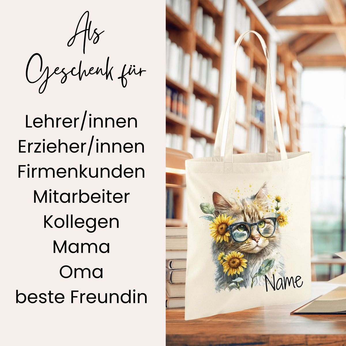 Beige Tragetasche mit Katzenmotiv und Sonnenblumen.