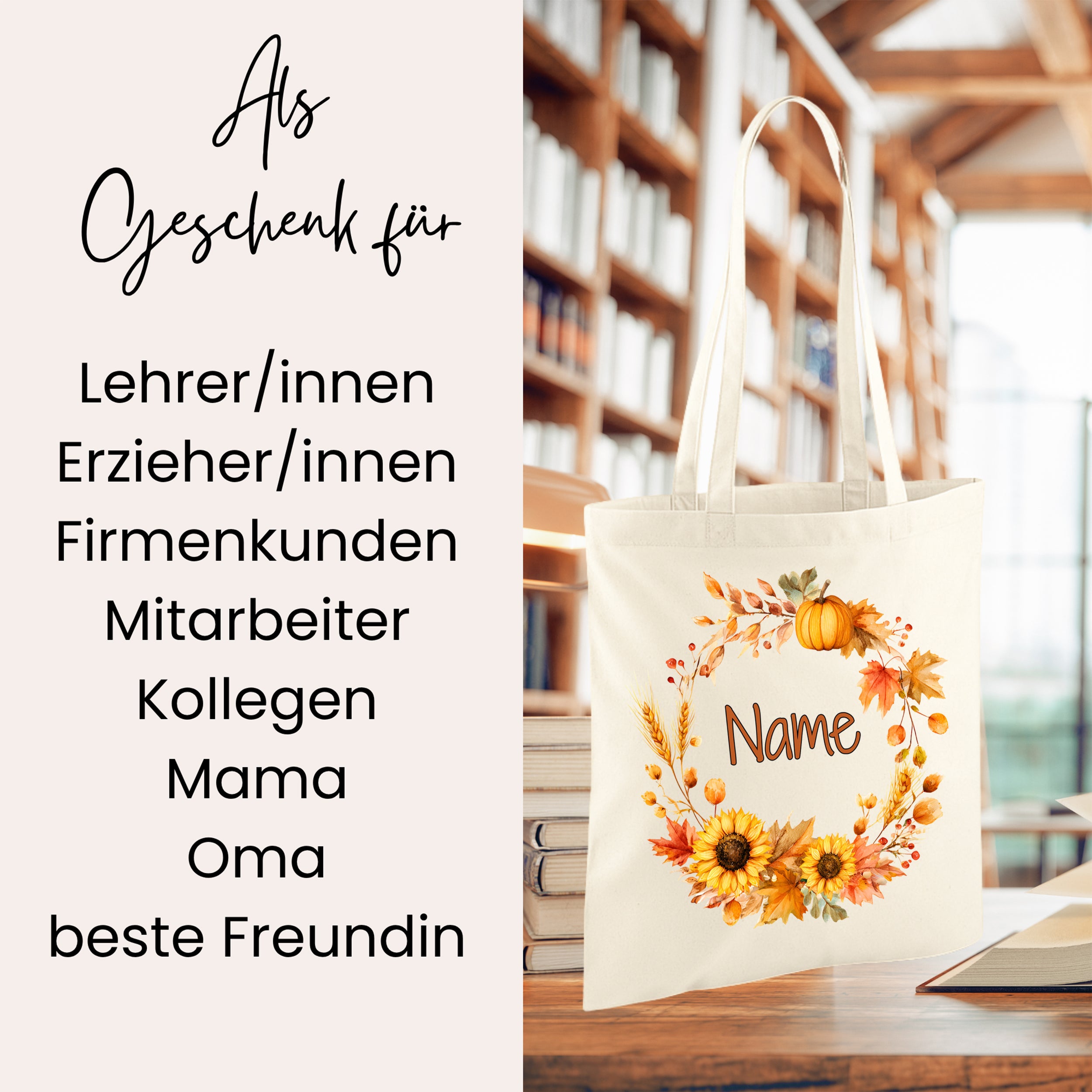 Beige Baumwolltasche mit Blumenmuster und Platz für Namen.