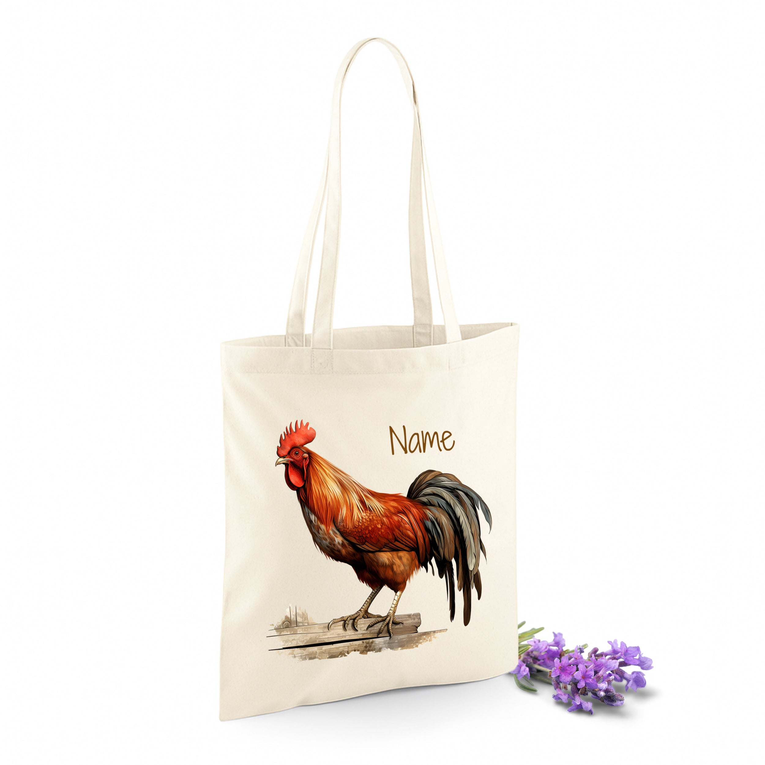 Beige Baumwolltasche mit Huhn und personalisiertem Namen.